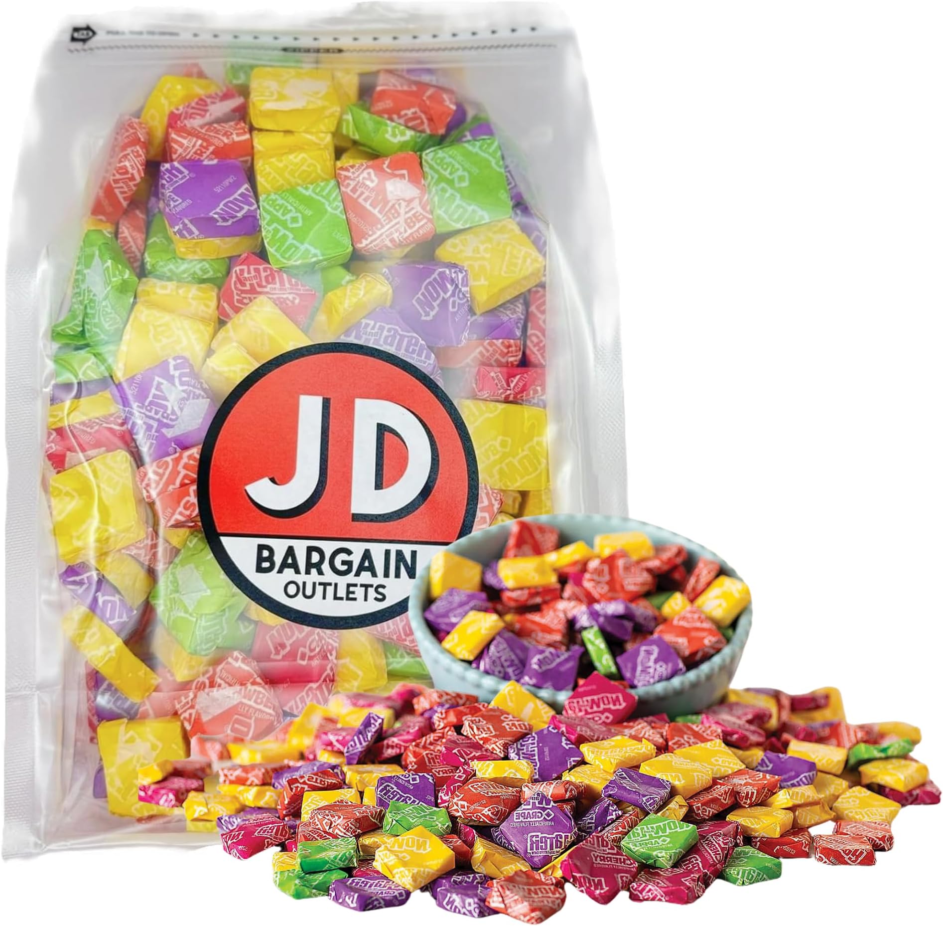 JD Bargain OutletsNow and Later Candy - Bulk 3 lbs - Assorted; Apple, Banana, Cherry, Strawberry, Grape- Individually Wrapped Soft Chews - 90s Nostalgia Candy - Repacked & Distributed by JD Bargain