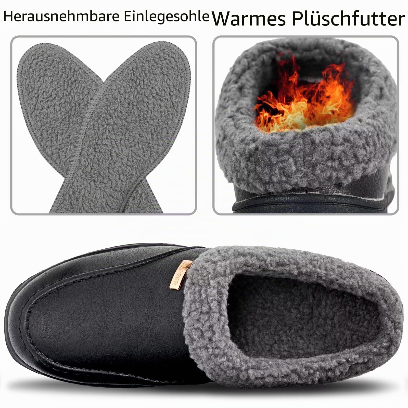 Leder Hausschuhe Herren Warm Plüsch Gefüttert Winter Pantoffeln