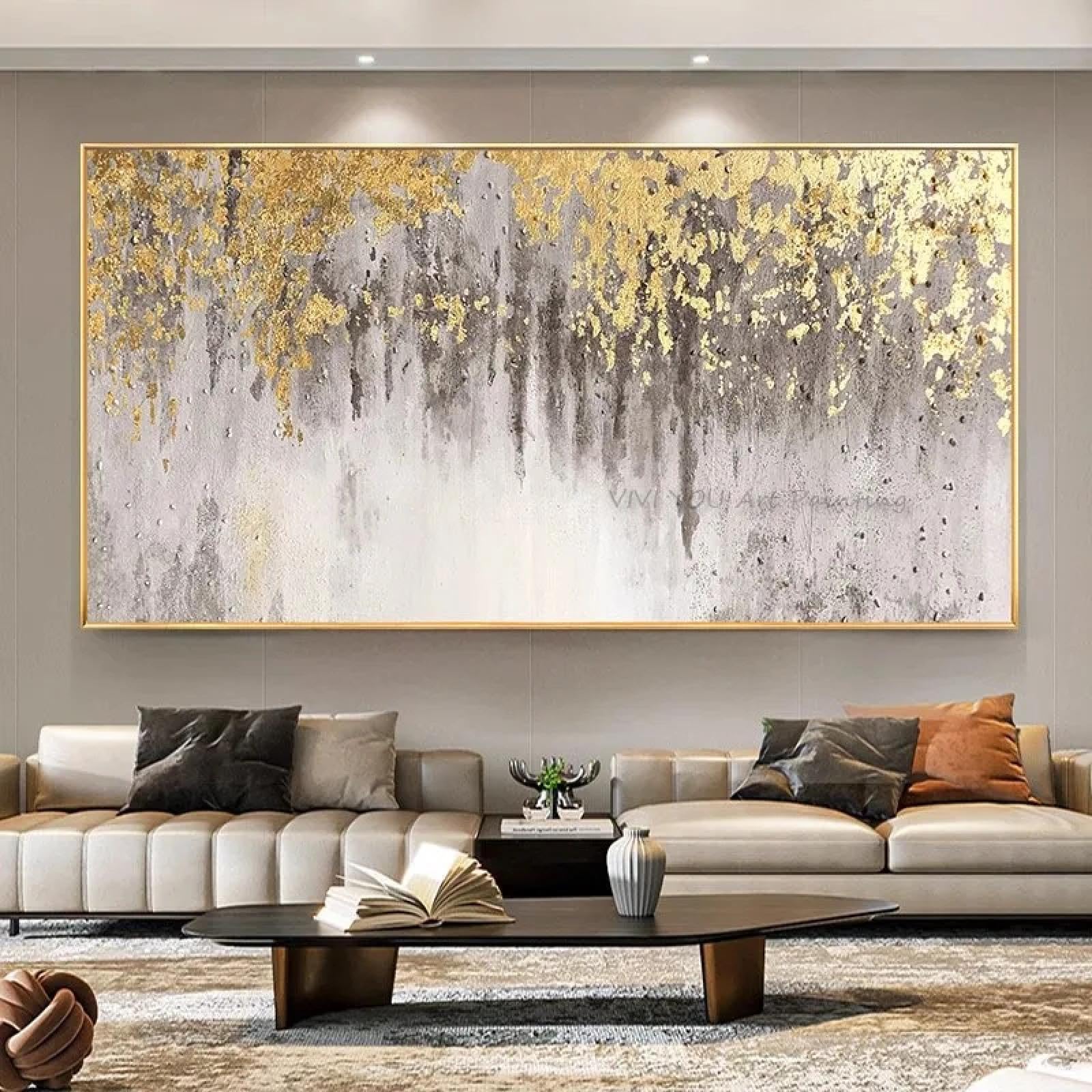 HOLEILUCK Kunst-Wandbilder für Heimdekoration, Leinwand, Ölgemälde, extra groß, abstraktes Goldfolienbild für Wohnzimmer, 100 x 200 cm, ungerahmt