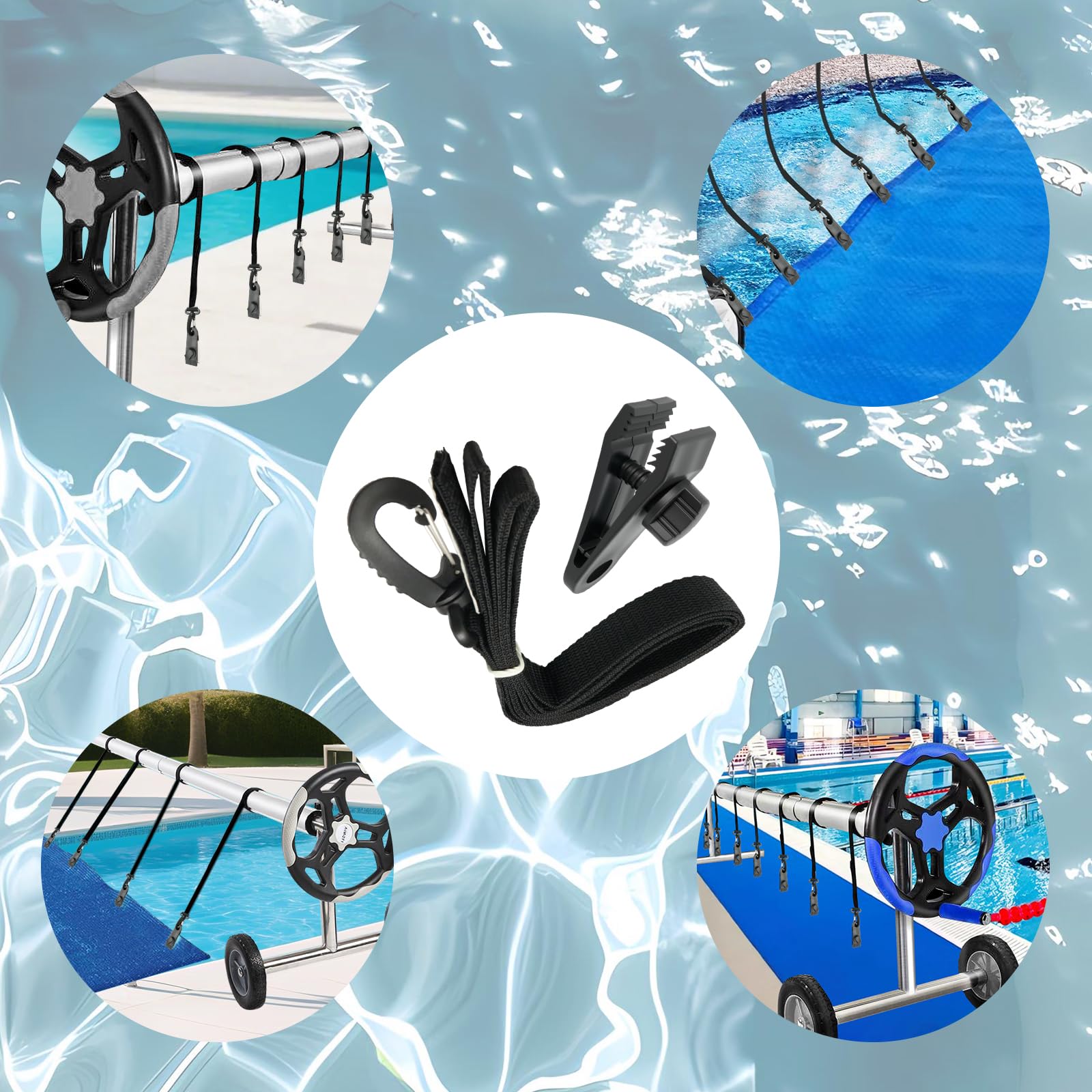 Sangles de Maintien et Pinces pour Enrouleur Bâches Piscine Lot de 8, Accessoires Enrouleur de Couverture Solaire Jeu de Roues de Parasol Sangles de Serrage de Couverture de Piscine - 2