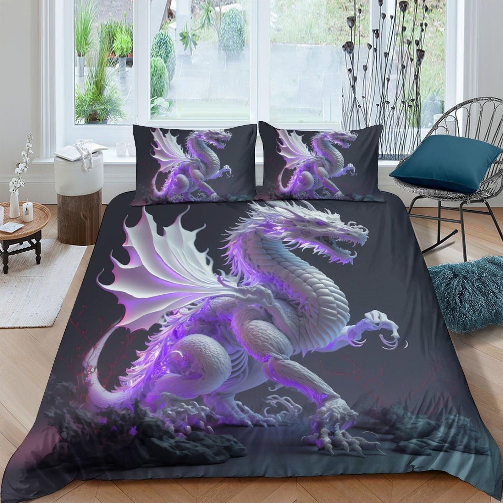 TUFRTGYHN 3D Printed Purple Dragon Duvet Cover Microfiber Soft Breathable Fantasy Night Bedding Set with 2 Pillowcases for Bedroom Decor Single（135x200cm）