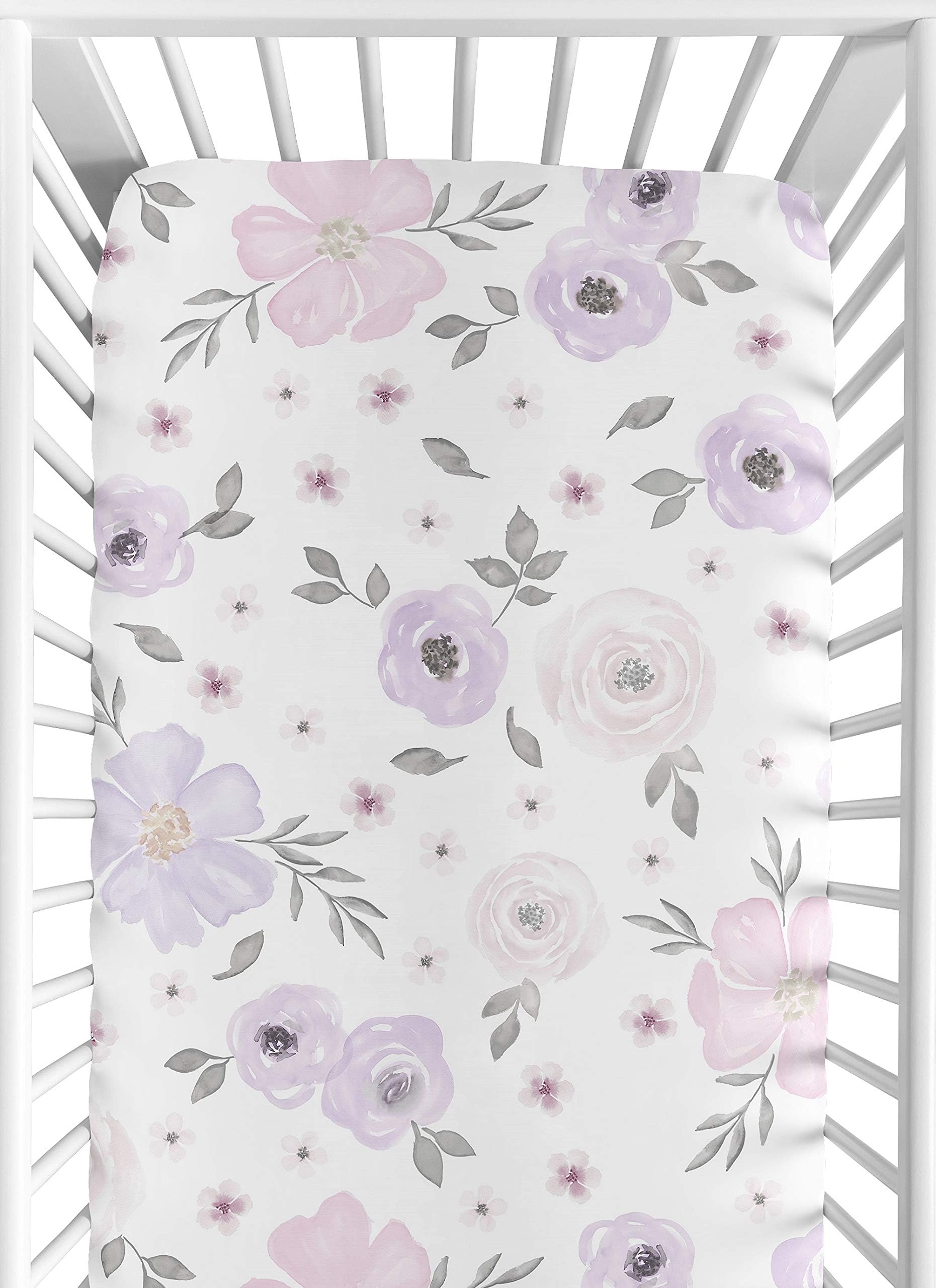 Fitted Baby Crib Sheets (Purple/Grey Boho Floral) for Girls, Infant Nursery, Toddler Room - Standard Size (Lavender, Watercolor, Bohemian Flower, Rose, Farmhouse, Shabby Chic, Pink)
