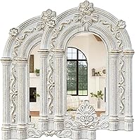 Vista 11 de ZEXUIRU 2 piezas de espejo de pared arqueado para ventana, espejo de acento rústico de granja, espejo de entrada con marco de madera para sala