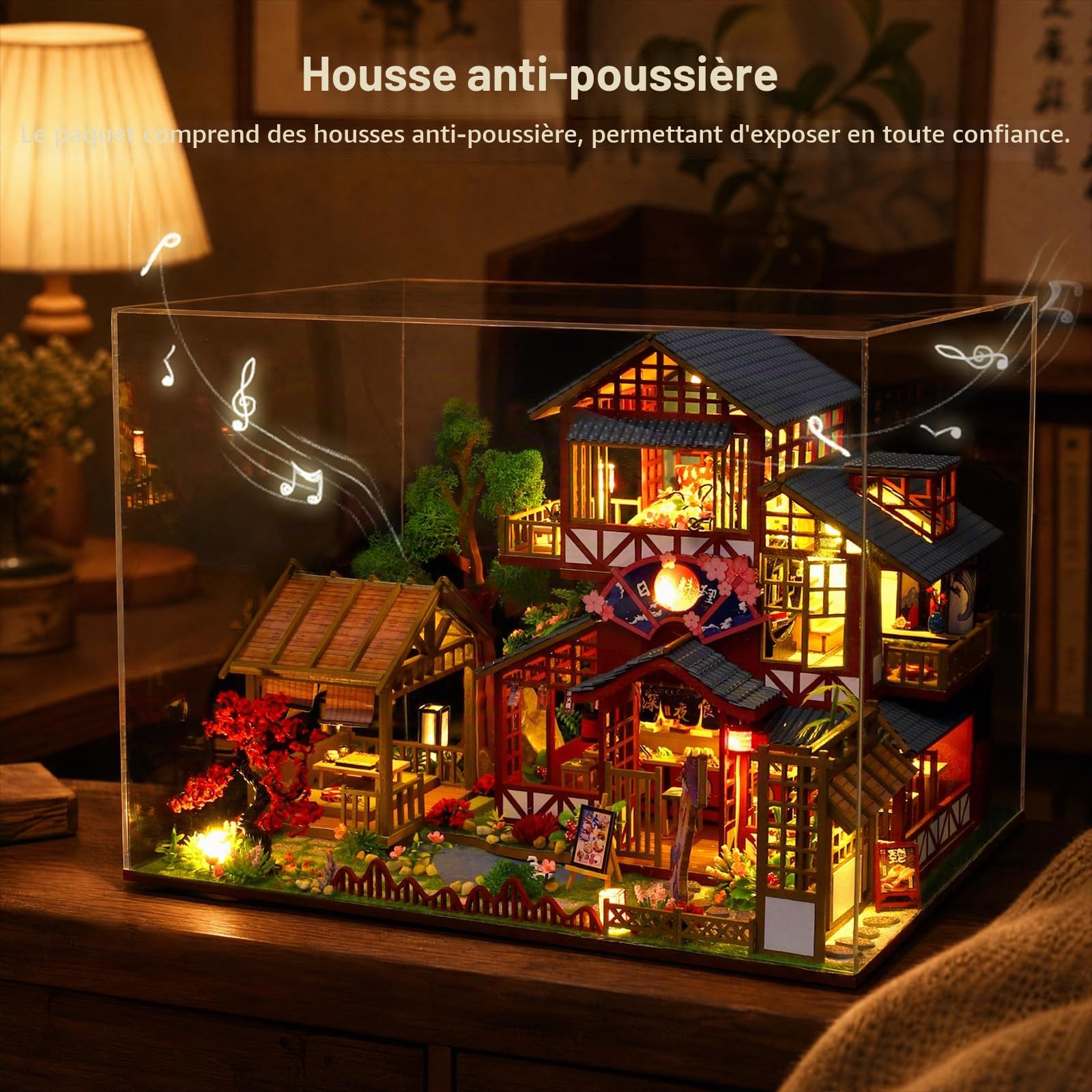DIY Maison Miniature Japonaise, Kit de Maison de Poupée Miniature Japonaise, 3D Bois Maison à Sushis avec LED, Vitrine et Musique, Décoration Intérieure Cadeau d'anniversaire pour Adultes