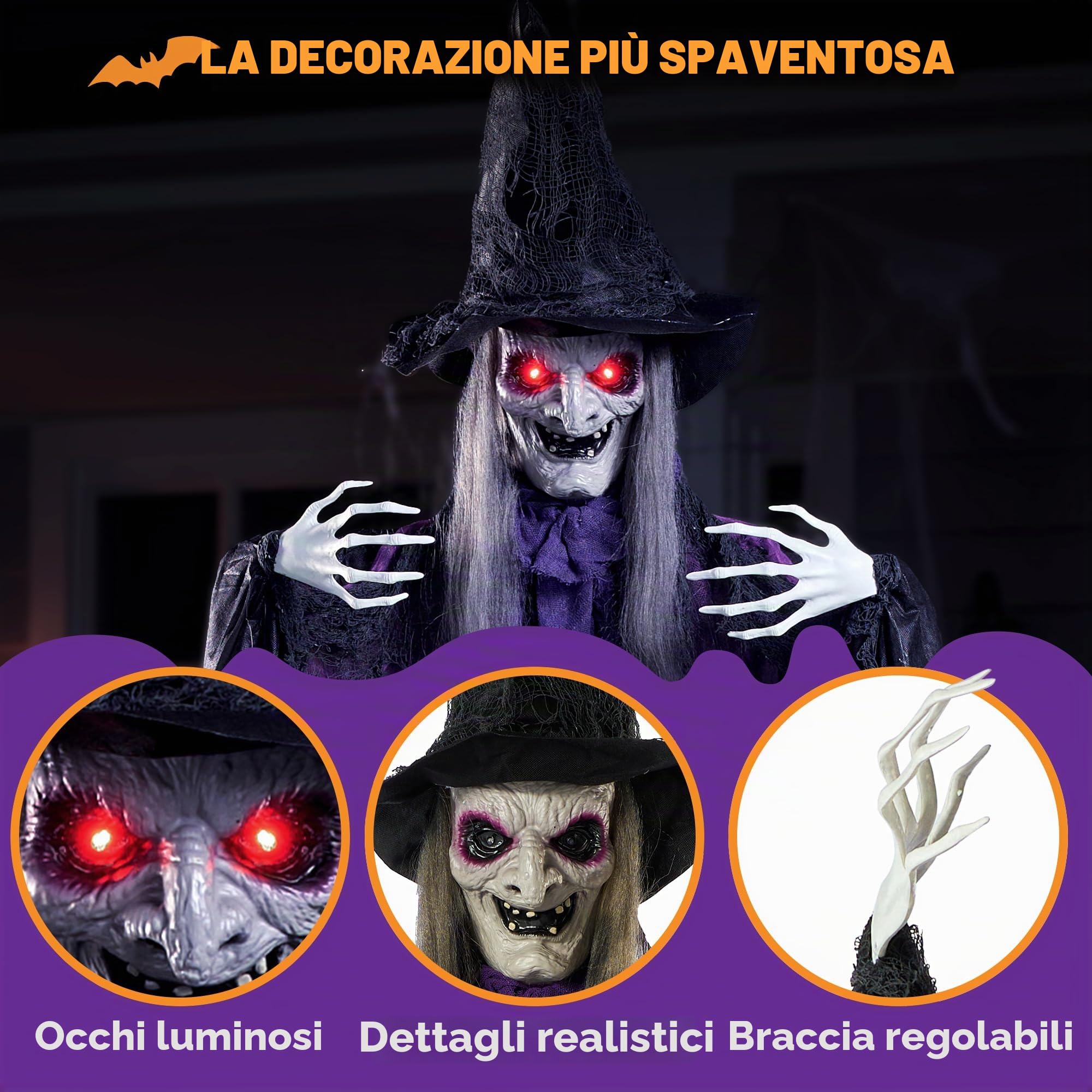 JOYIN Strega parlante animata da appendere con occhi luminosi, suono raccapricciante, strega appesa attivata dal suono per Halloween, decorazioni per interni ed esterni, oggetti di scena per casa