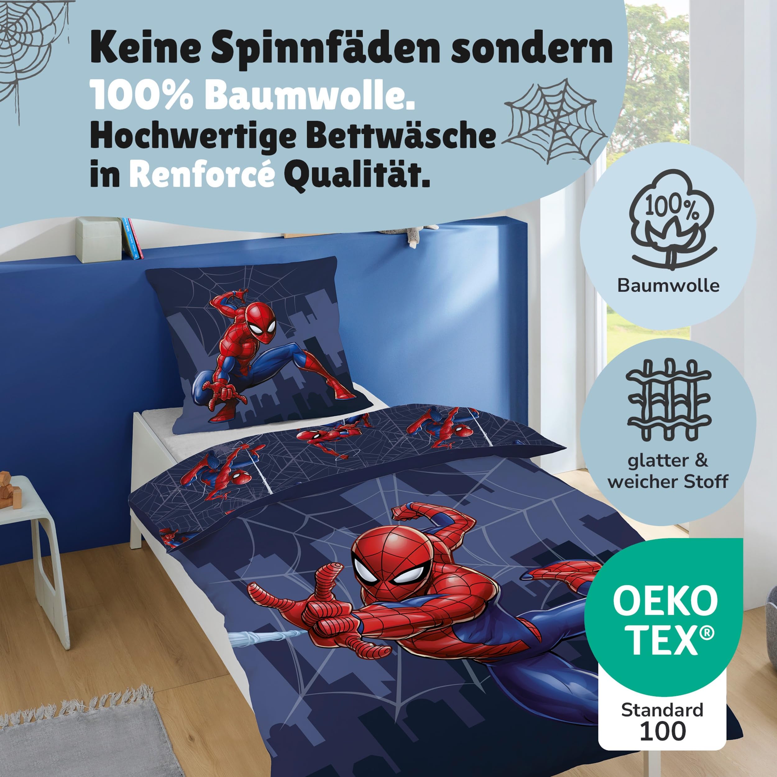 Familando – Marvel Spiderman Bettwäsche Set (2-teilig) – Decken- & Kissenbezug 135x200 cm & 80x80 cm mit Reißverschluss – 100% Baumwolle Renforcé – Wendemotiv mit Spiderman