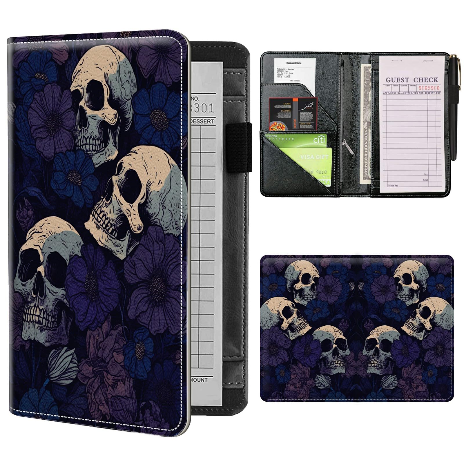 Server Books for Waitress Waiter with Zipper Pocket, Dark Purple Skull Leather Server Pads (5