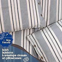 Vista 6 de Juego de funda de edredón natural 100% algodón lavado a rayas grises, 1 funda de edredón con 2 fundas de almohada, suave y de fácil cuidado