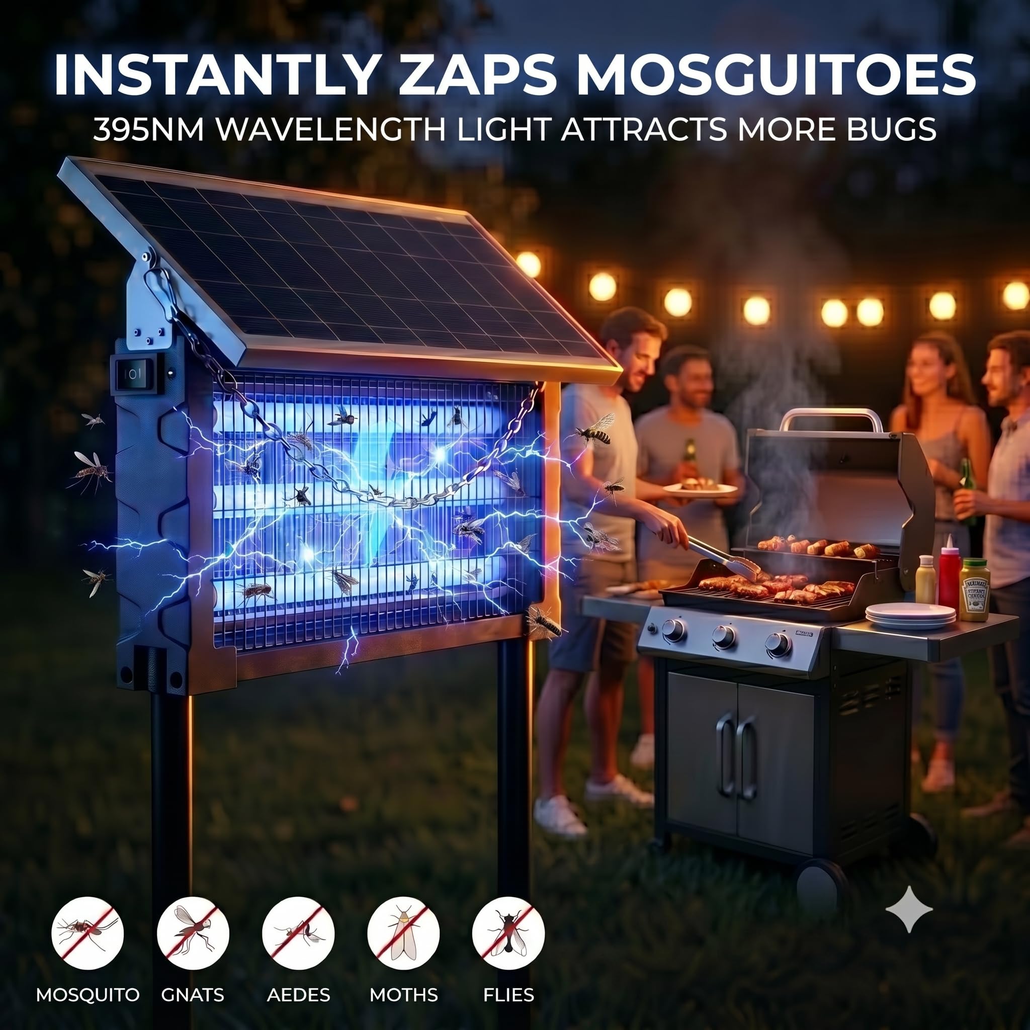 Solar Bug Zapper Outdoor, Moskito Zapper 3000V Kabellos Wasserdicht, Elektrische Mückenfalle Fliegenvernichter Killer für Terrasse Garage Hof Camping