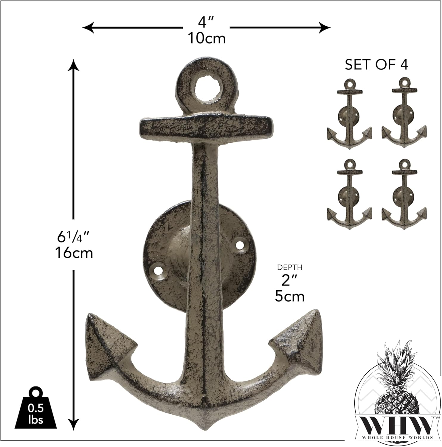 WHW Whole House Worlds Cape Cod Anchor Coat Hooks, Set of 4, Handmade, Durable Cast Iron, Vintage Brown Patina Over Black, 6.5 Inches, Nautical and Coastal