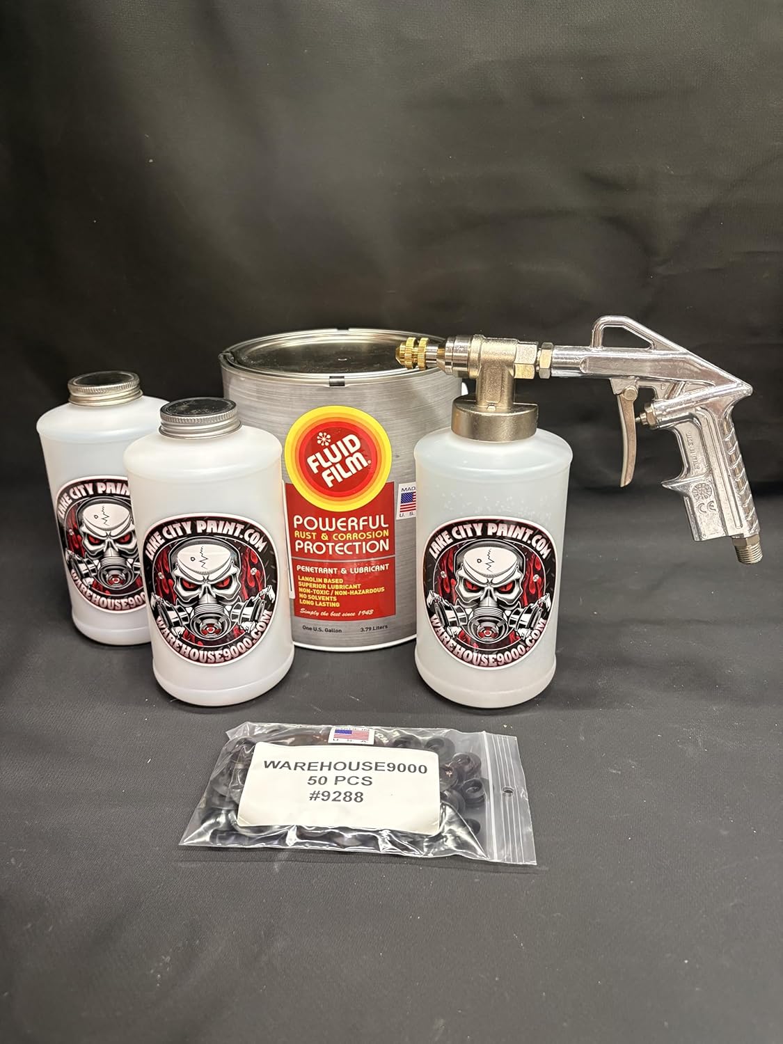 Amber FF Lanolin Undercoating Fluid Gallon, Pro Undercoating Gun, 3 Empty Quart Bottles, and 50 Rust Plugs