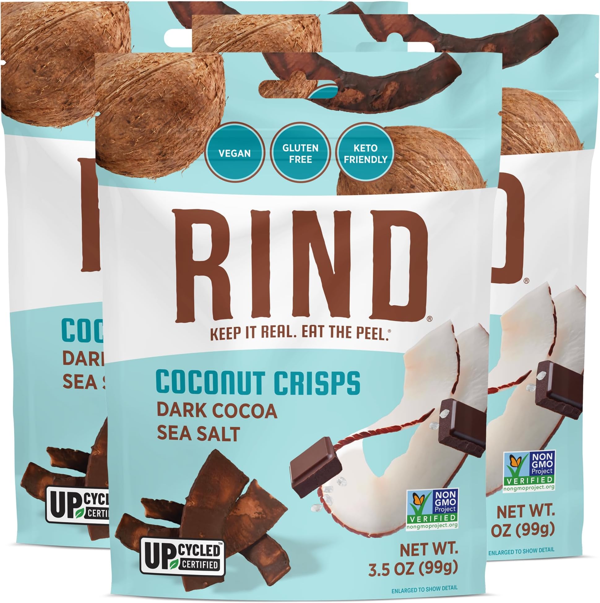 RIND Snacks | Dark Cocoa Sea Salt Coconut Crisps | Dried Fruit Superfood | Snack Chips | All Natural | Low Carbs | High in Fiber | Keto | Gluten Free | Vegan | Paleo | Fruit Snacks | 3.5 oz | 3 Pack