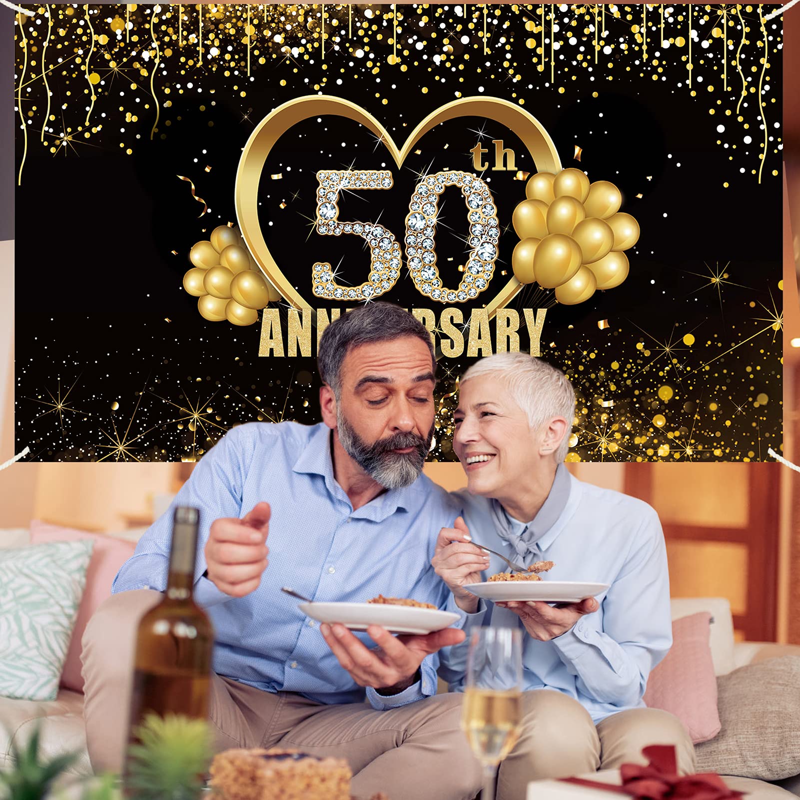 Striscione 50° Anniversario - 150x90cm, Vinile, Decorazione Per Feste, Oro E Nero - Foto 7