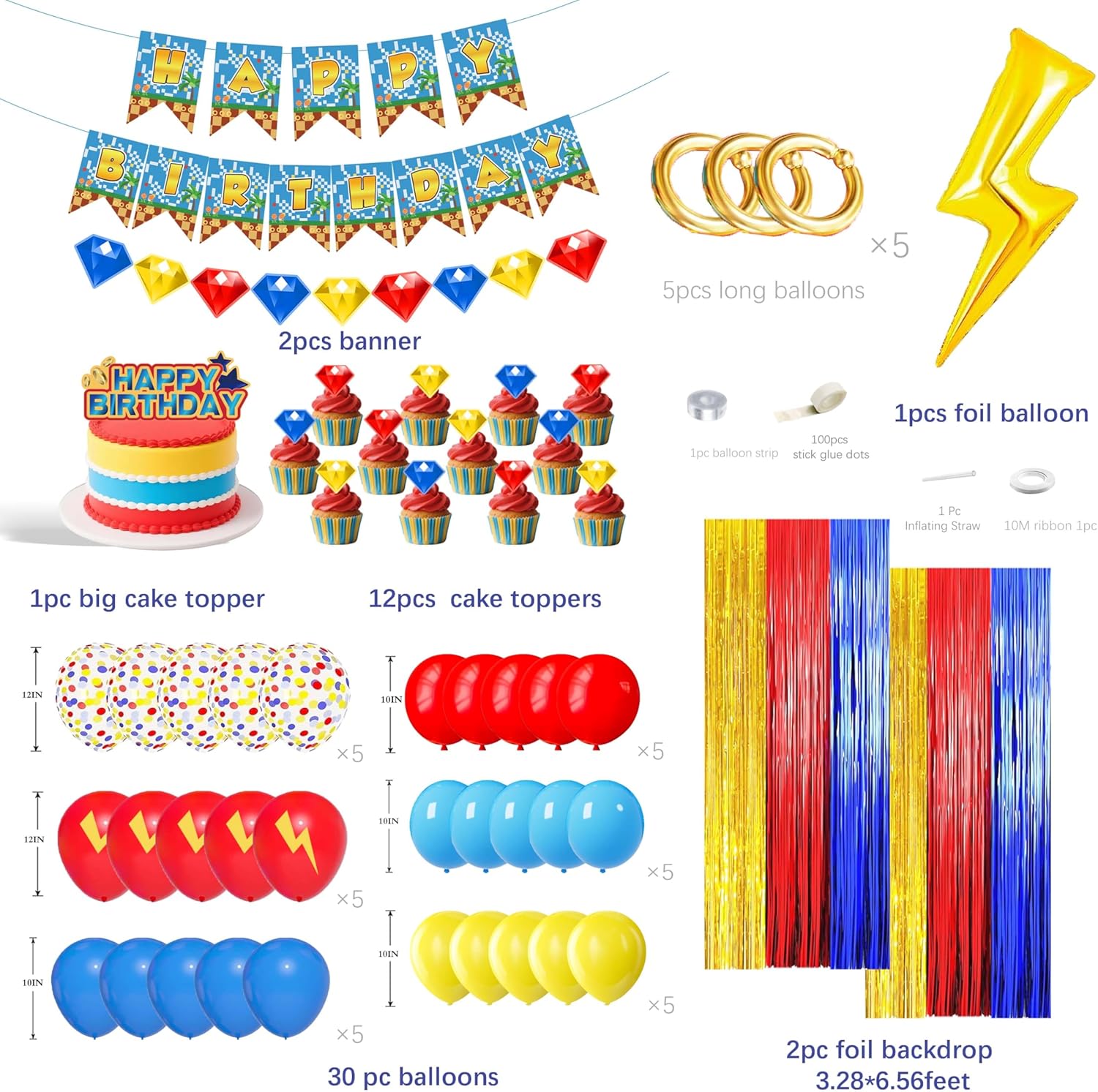 Cartoon Hedgehog Birthday Decorations for Boys,Blue Red Gold Fringe Curtains, Gold Circle Explosion Star Foil Balloon,Happy Birthday Banner - Image 2