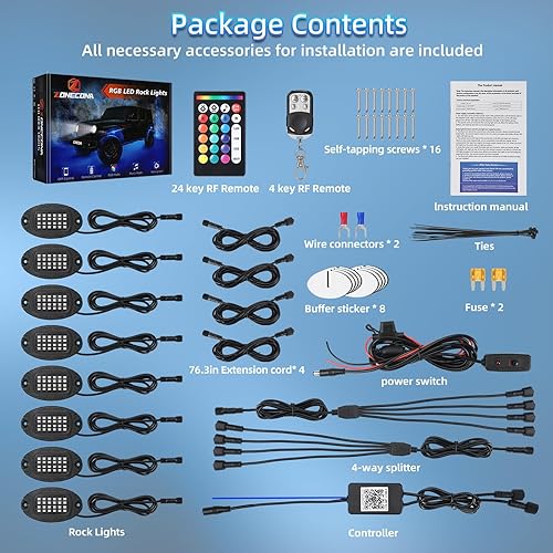 Miniatura 6 de 8Pods - Luces LED RGB de metal con control remoto APPRF, luces subterráneas multicolor impermeables para vehículos con modo de música de doble zona,