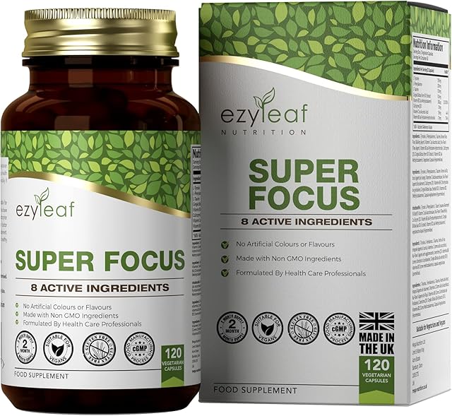 Ezyleaf Super Focus | L Tyrosine High Strength 750mg, Ginkgo Biloba, Taurine, Vitamin B12 Methylcobalamin | 120 Vegan Capsules Supplement | Coenzyme Q10, L-Phenylalanine | Caffeine Free, Allergen Free