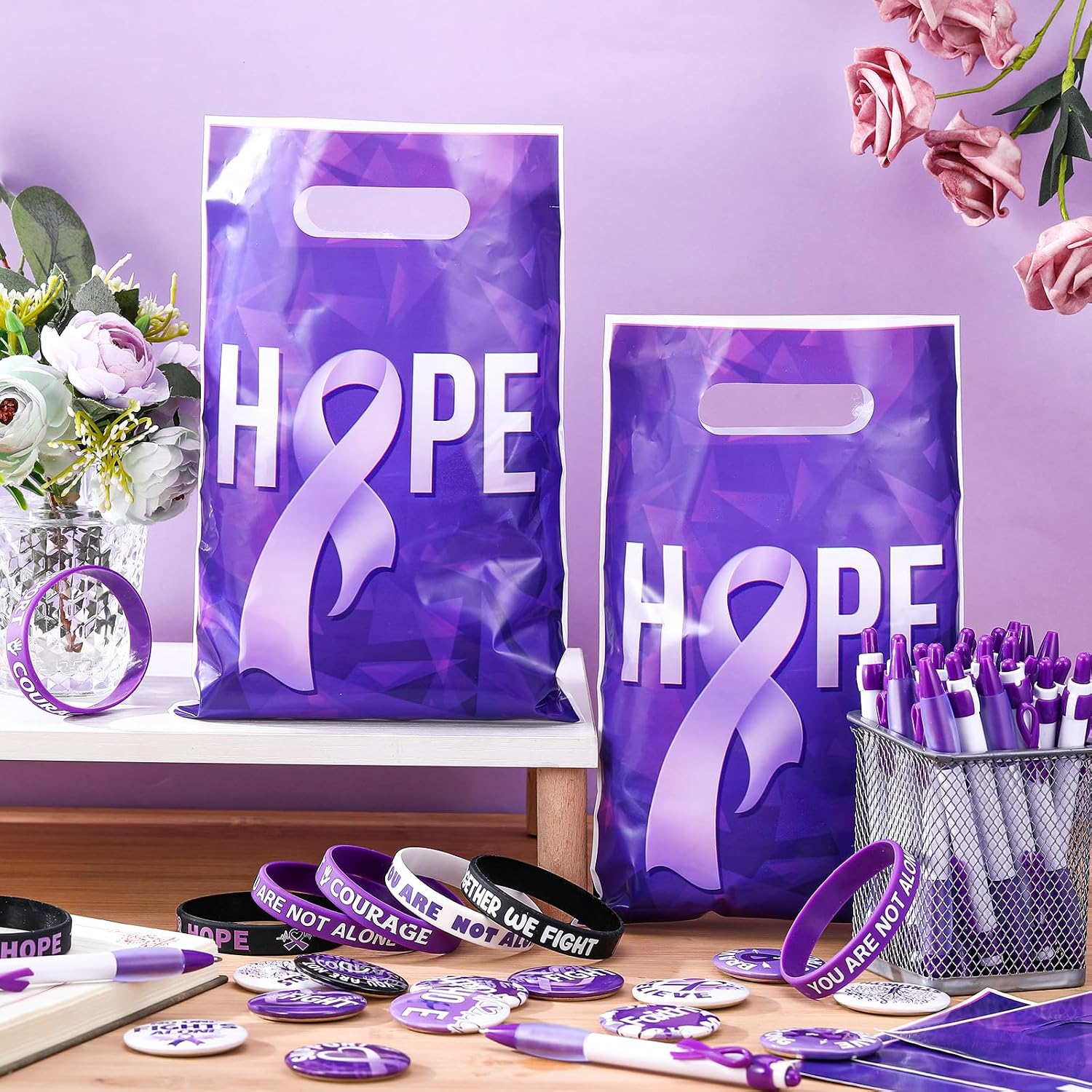 Supervitae 200 Pcs Purple Ribbon Awareness Accessories, Include 50 Ribbon Gift Bags 50 Purple Awareness Wristband 50 Pen 50 Button Pin for Campaign Support Supplies