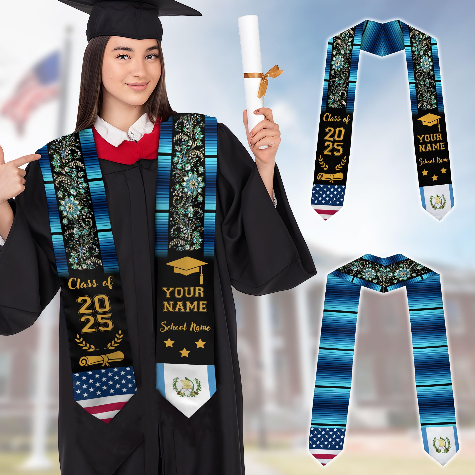 MonkeyVan Custom Guatemala Graduation Sash, Personalized Guatemalan Graduation Sash 2025, Guatemala American Graduation Sashes Gtm7