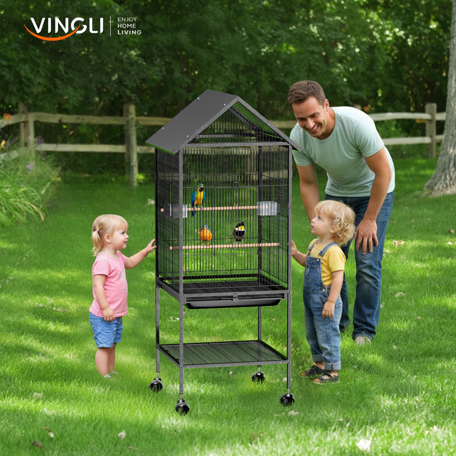 VINGLI Bird Cage with Rolling Stand for Parrots, Cockatiels, Budgies, Lovebirds, Small/Medium Birds (50" H with Spire Roof) - image 2