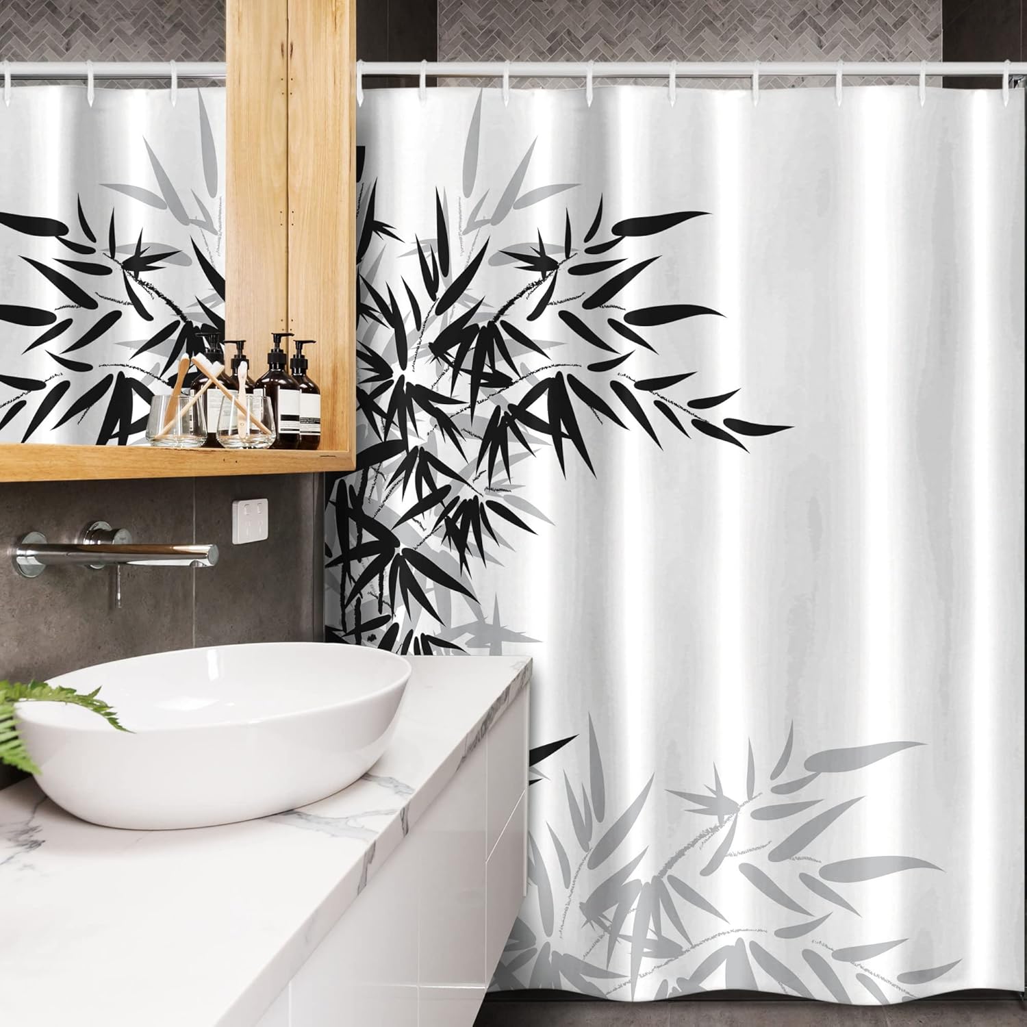 Ambesonne Asian Themed Stall Shower Curtain, Asian Boho Feel Monochrome Leaf Silhouettes Autumnal Themed Dark Leaves, Fabric Bathroom Decor Set with Hooks, 54" W x 78", White and Black