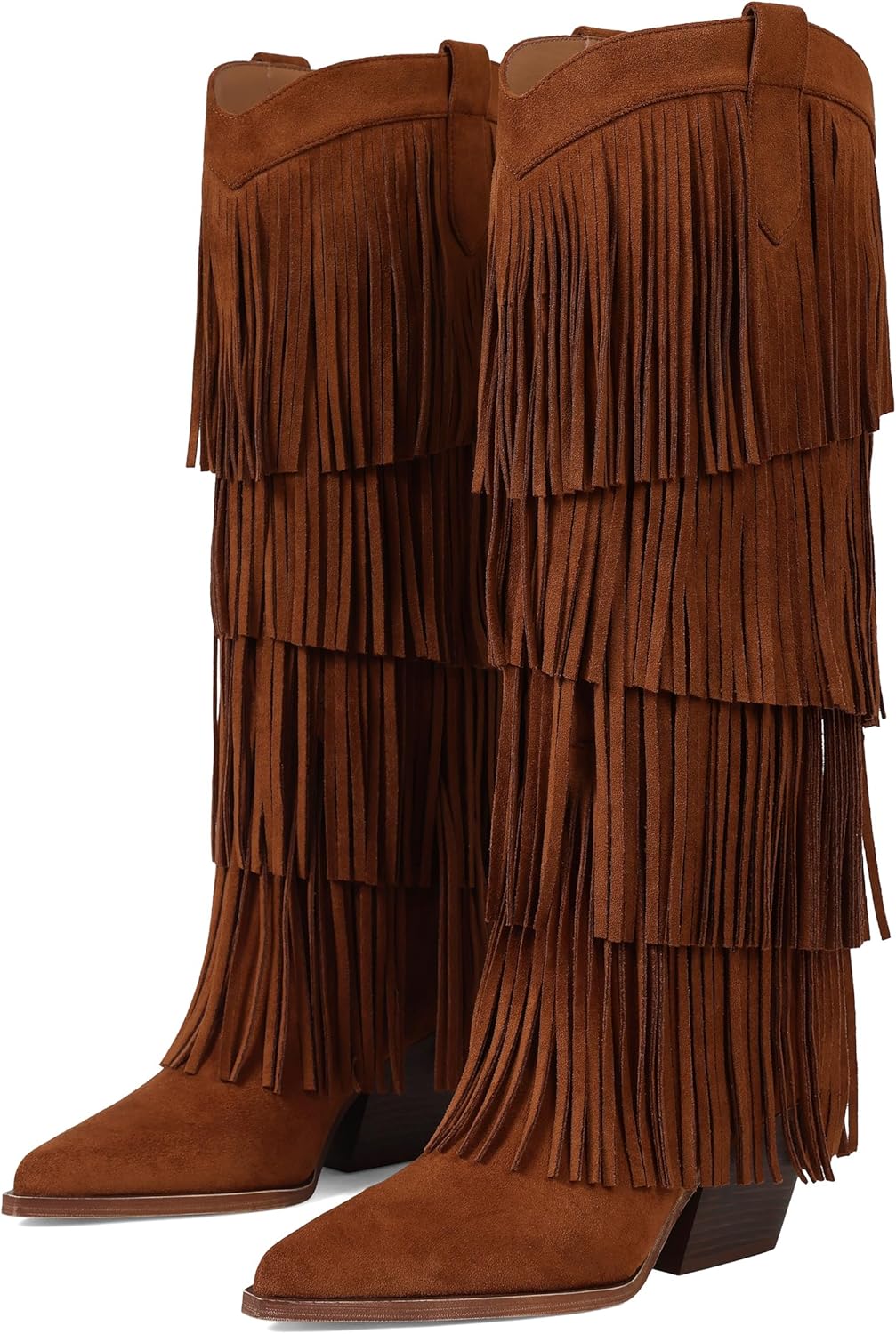 Womens Fringe Boots Knee High Cowboy Boots Chunky Heel Western Pointed Toe Slip on Wide Calf Cowgirl Boot Fashion Heeled Shoes