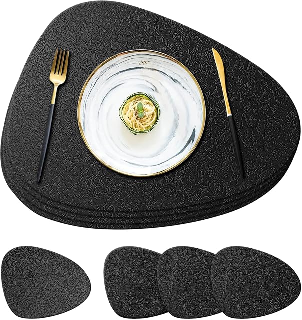 YUNJUER 4 Silicone Table Mats and 4 Coasters, Heat Resistant 450 °F, Washable and Waterproof Place Mat, Leaf Pattern Design, Easy to Clean, Placemats for Kitchen, Restaurant, Hotel, Dining Room, Black