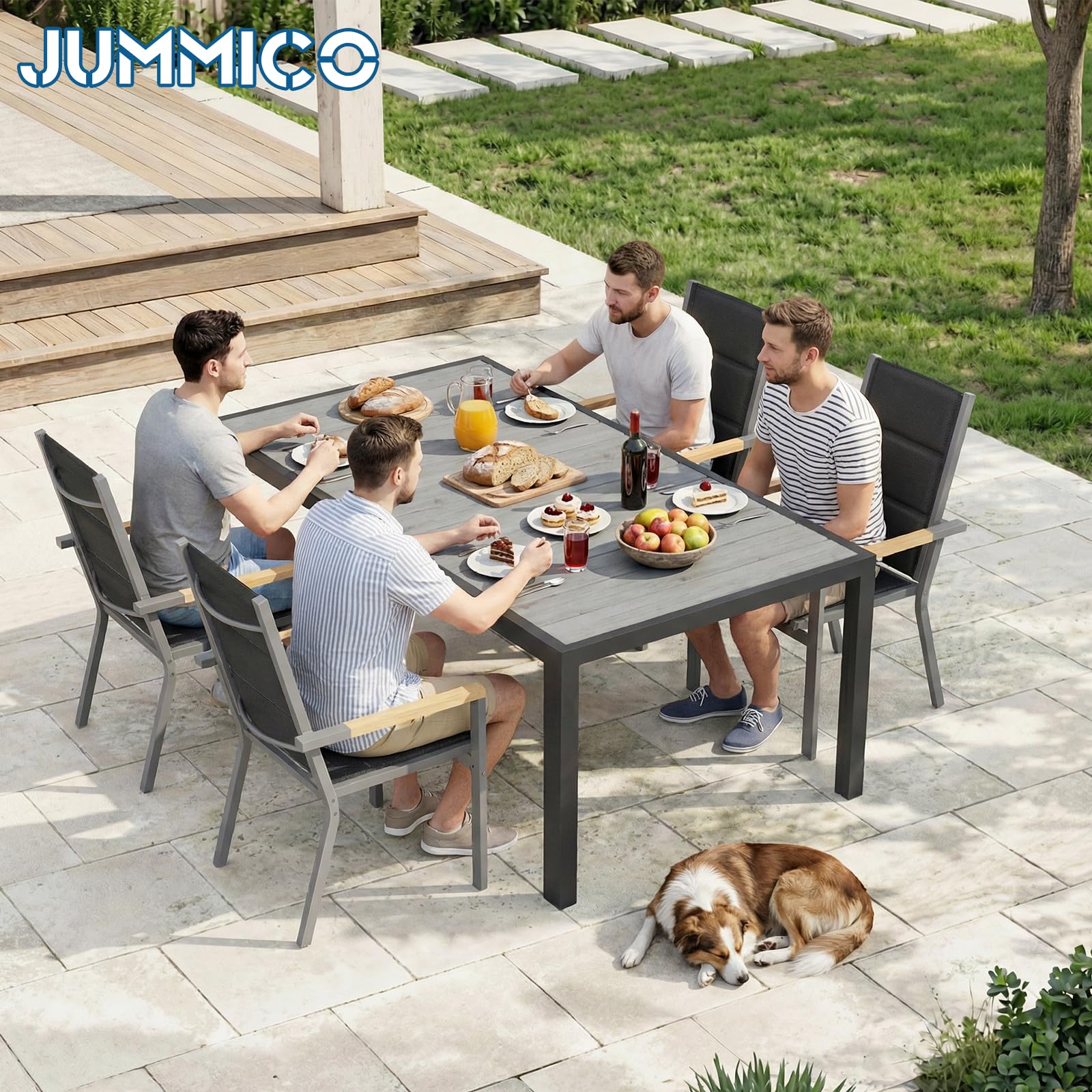 JUMMICO Set di Arredo da Giardino 4 Persone, Set di Tavolo 150 cm Design a Vena di Legno e 4 Sedie Impilabili da Esterno in Alluminio, Ideale per Cortile, Terrazza o Ai Margini della Piscina(Grigio)
