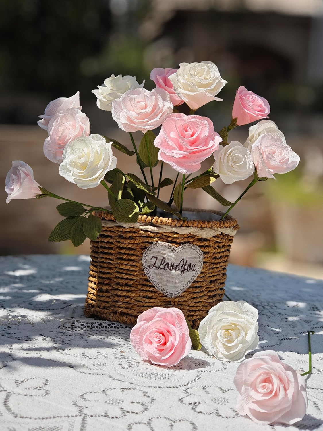 Pink and White Crepe Paper Rose Flower Craft Kit Handmade DIY Wedding Bouquets for Table Decorations Bridal Baby Shower Centerpiece Artistic Creations Set of 18