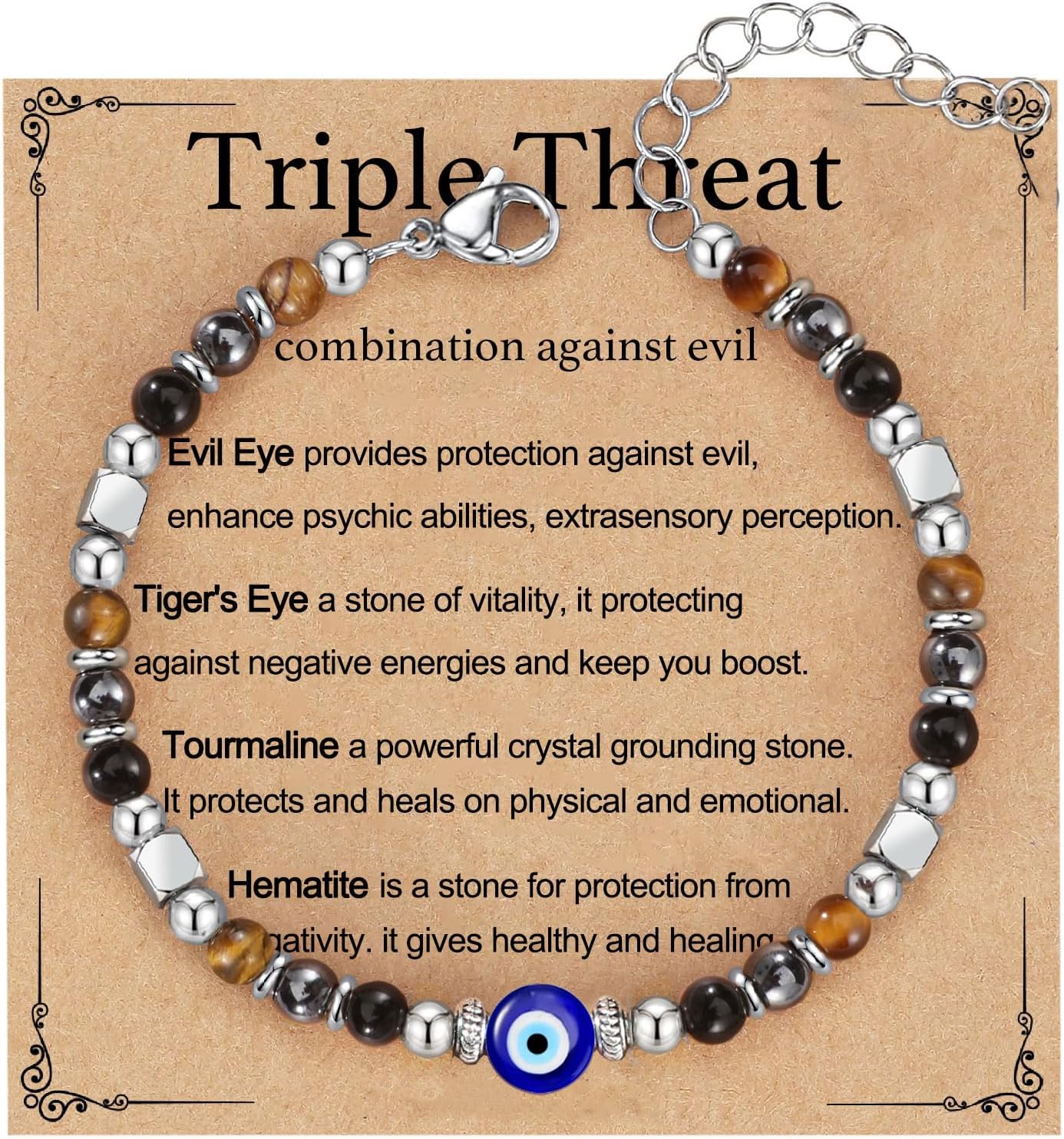 Triple Threat Protection Bracelet for Women,Evil Eye Natural Healing Crystal Beaded Bracelet for Protection