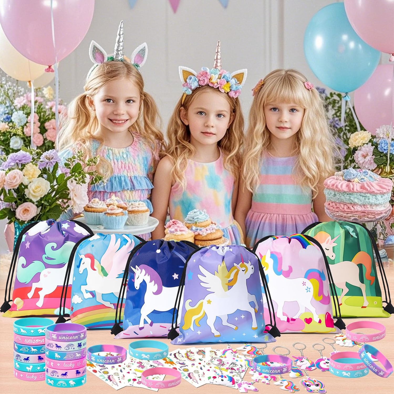 Winrayk 12 Sets Unicorn Party Favors Birthday Supplies for Girls, Drawstring Bag Glow Tattoo Sticker Silicone Bracelet Keychain, Goodie Bag Stuffer Filler Kids Rainbow Unicorn Party Supplies Decor