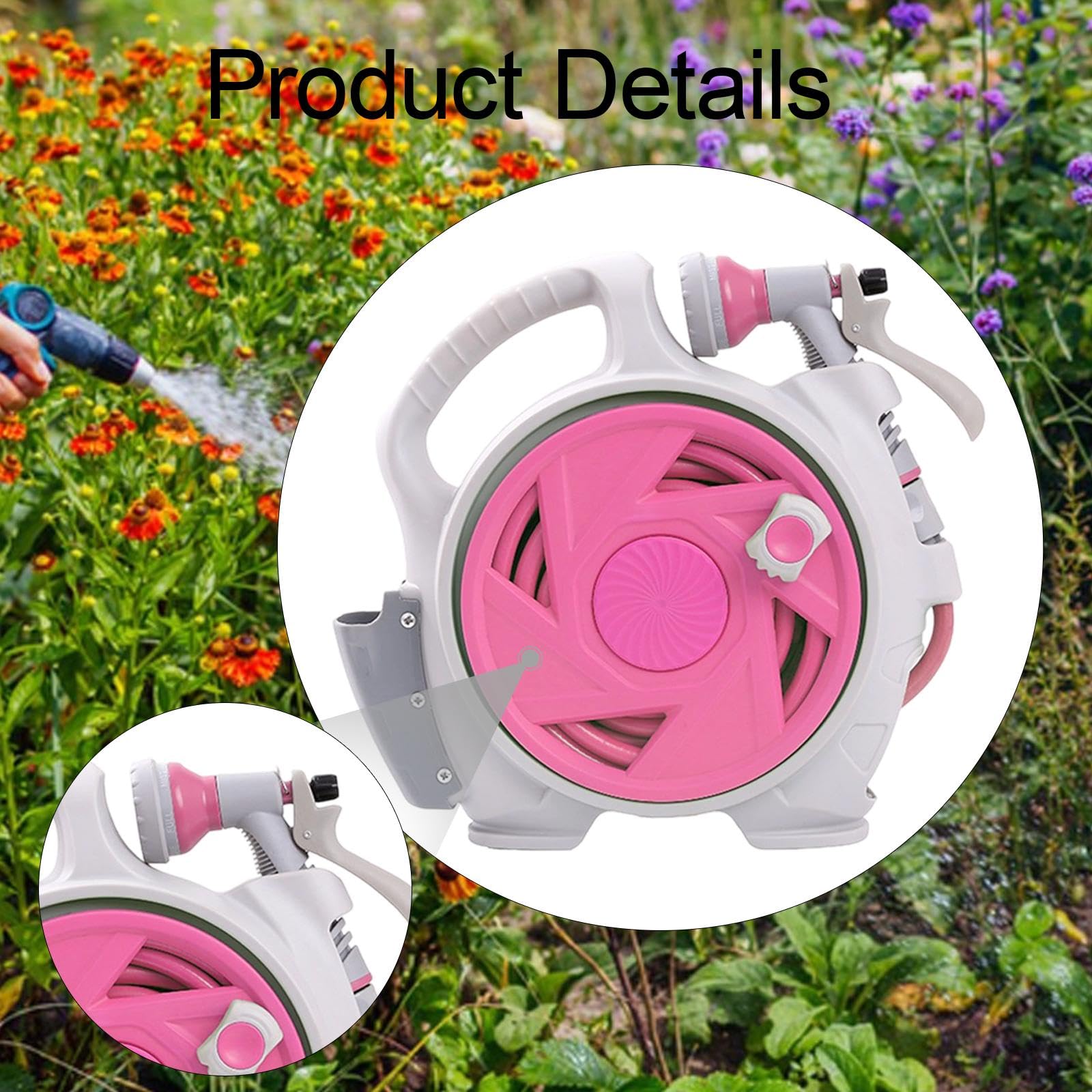 Carro Portamanguera de Jardín con Enrollador Compacto Organizador Soporte Pulverizador Material PP Adecuado para Lavado de Autos Limpieza de Ventanas, Rosa