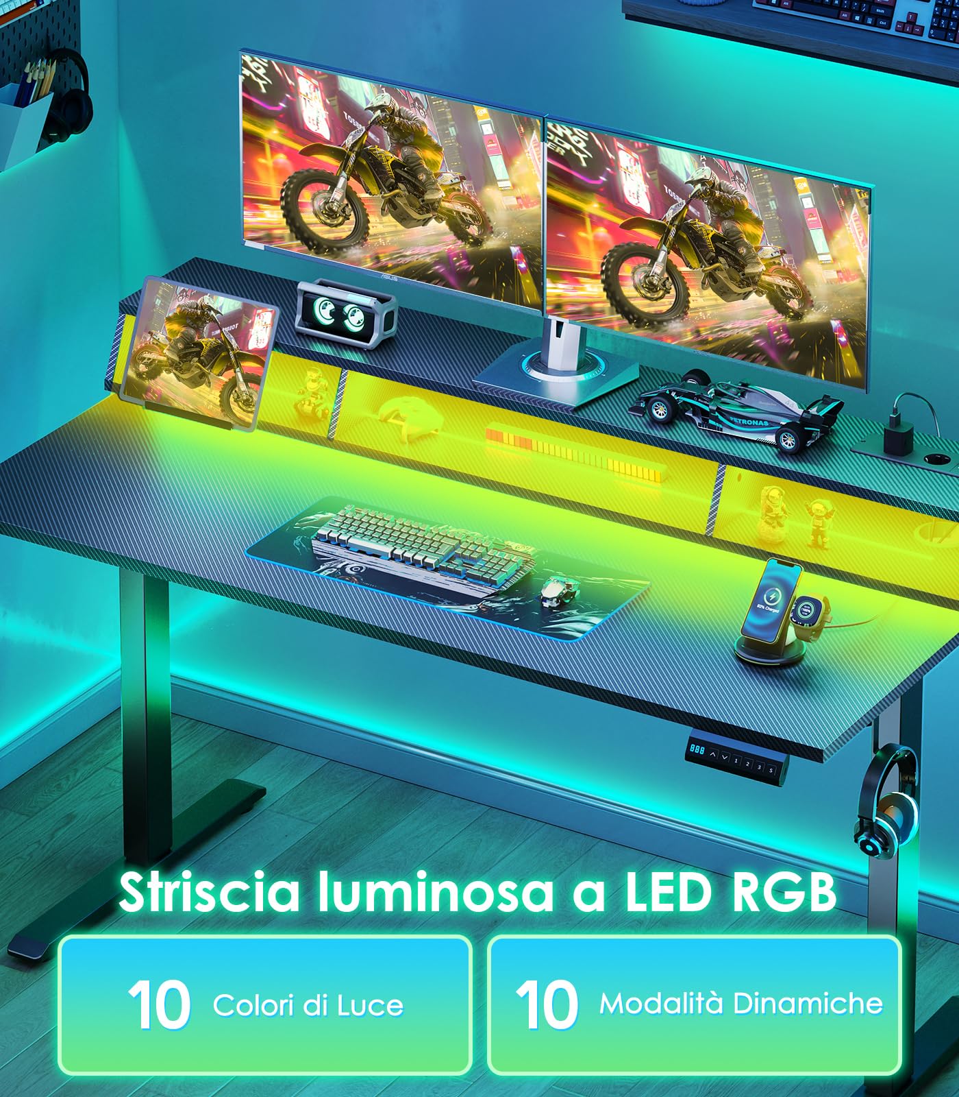 OffiGo Scrivania Regolabile in Altezza con LED RGB, 140×60 cm, Nero | Scrivania elettrica gaming con porte USB, Scrivania motorizzata con 3 memorie, Scrivania regolabile per home office