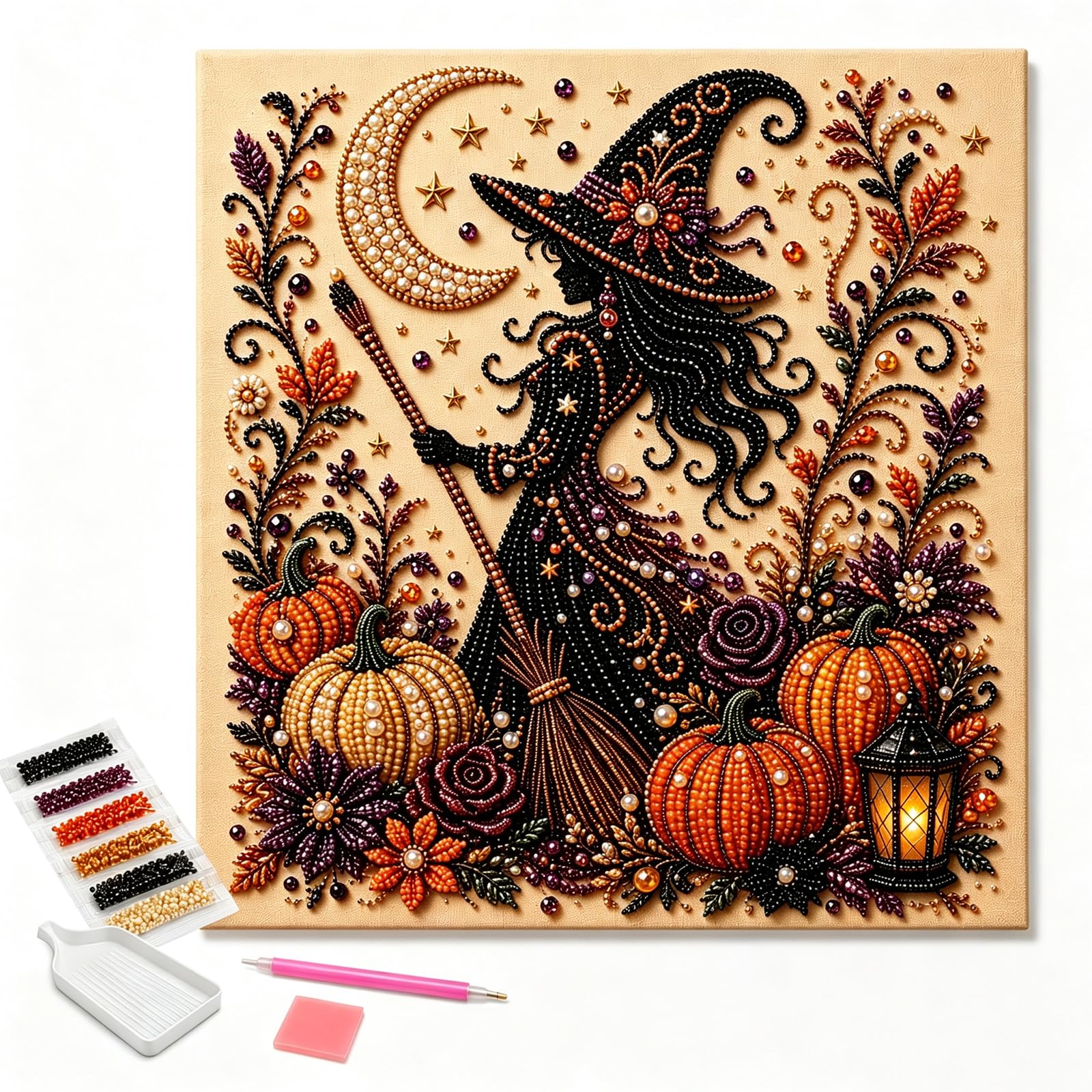 Halloween Ghost Pearl Art DIY Kit, Spooky Ghost Festive Halloween Wall Art, Fall Diamond Art Kits for Adults Beginners, Fun Crafting, Festive Design for Seasonal Crafting,Fun Crafting (E Witch)