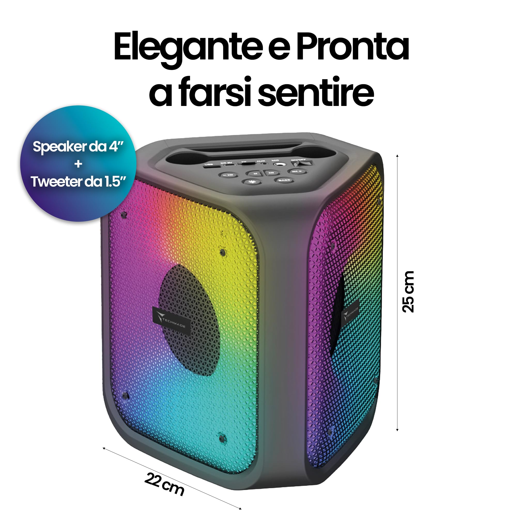 Techmade Speaker Bluetooth Karaoke con Microfono - 15W Portatile, Sistema 2 in 1 - Luci LED RGB - Connessione con BT 5.4, USB, Micro SD e AUX - Radio FM Integrata - Batteria 2400mAh