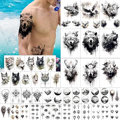 GLARYYEARS Temporary Tattoo for Men, 44-Pack Large+Small size Realistic Tattoos, Long-lasting Fake Tattoo Stickers, Cool Black Body Half Arm