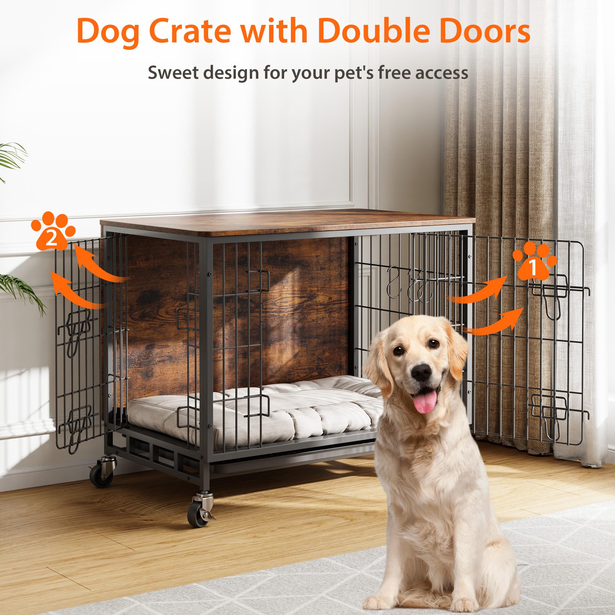 Cage pour chien, meuble, avec 2 portes et 4 roues, 83 x 56 x 64 cm, niche moderne d'intérieur avec surface de table en bois et table d'appoint amovible en métal pour chiens de taille moyenne et petite
