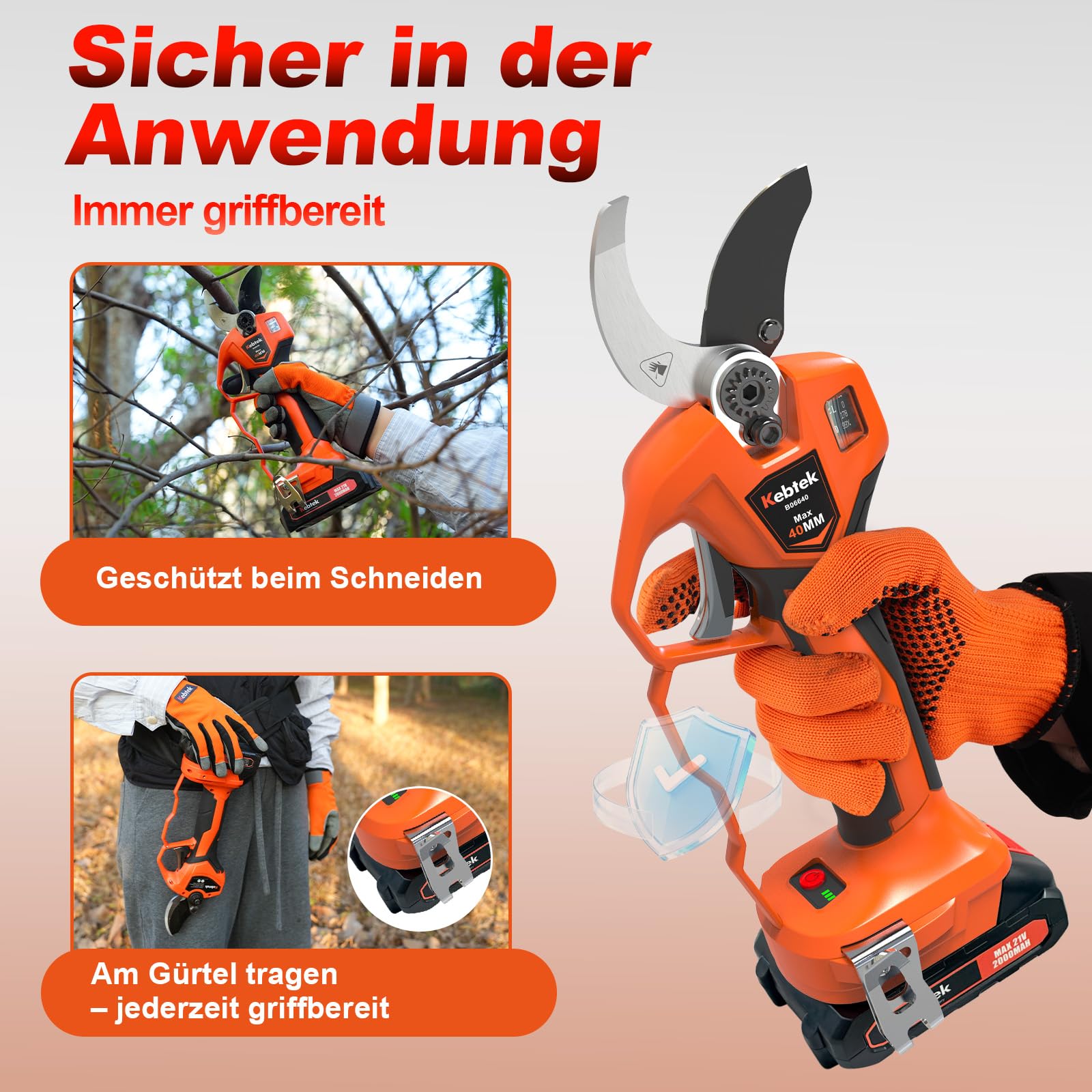 Kebtek Elektrische Gartenschere mit Akku progressive Schnittfunktion 40mm | KST 21V Astschere Akku 1,6Zoll Robust für Obstplantagen und Gartenbau kompatibel mit Makita 18V-Akkus