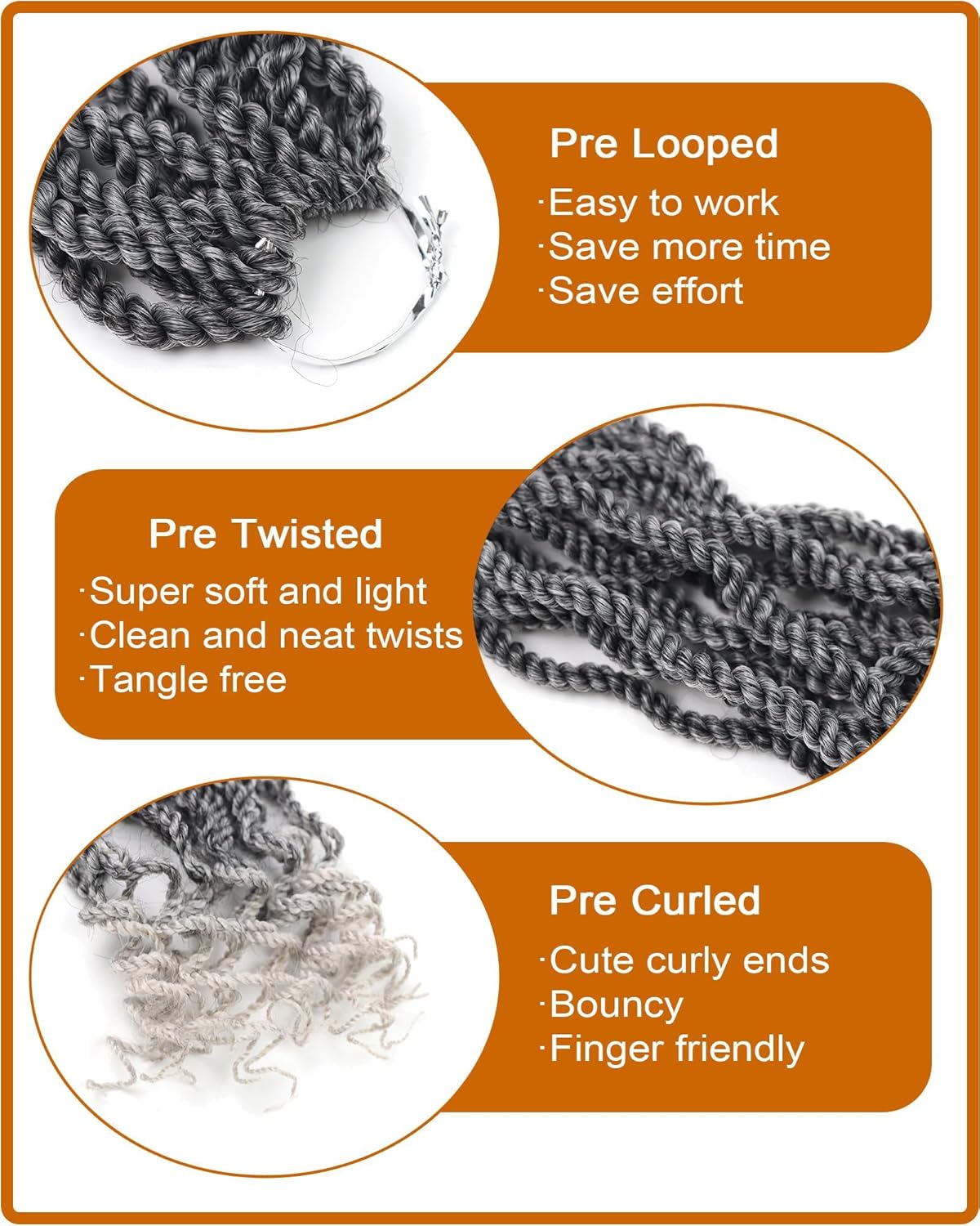 Grey Crchet Hair for Black Women Pre Looped Senggalese Twist Crochet Hair 6 Inch ShortCrochet Braids Rope Twist Crochet Hair(6 Inch,Tgey)
