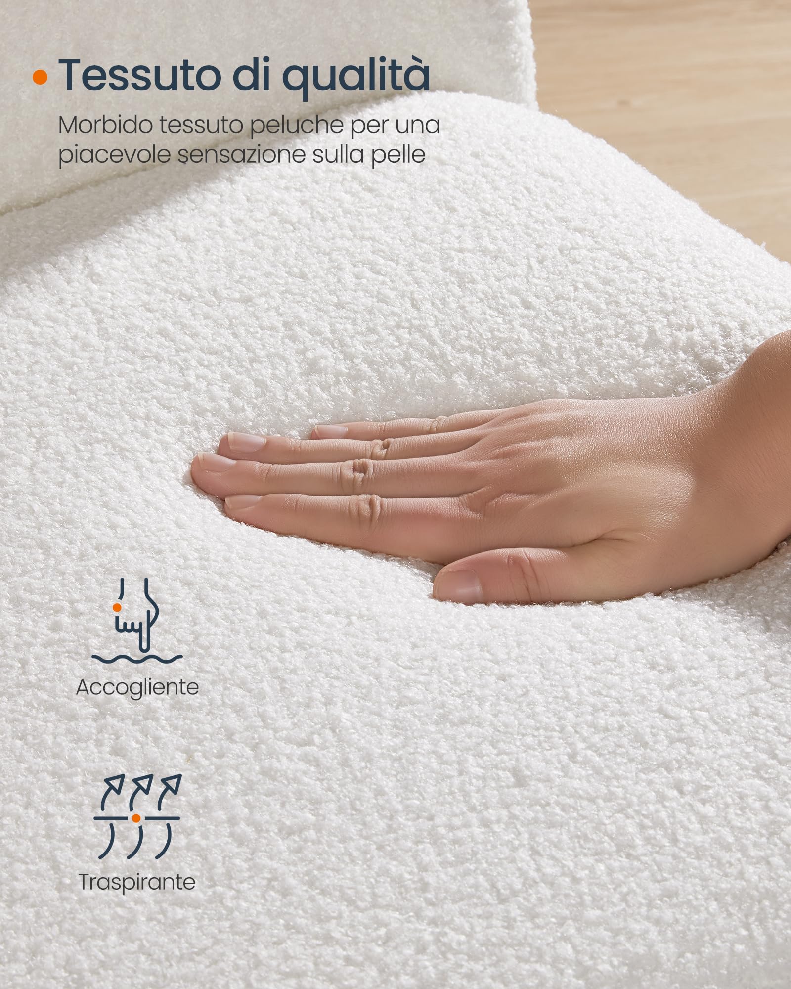 SONGMICS HOME Sedia a Dondolo, con Braccioli, Poltrona a Dondolo, Rivestimento in Peluche, Struttura in Acciaio, Piedi in Legno, Portata 160 kg, Camera da Letto Salotto, Bianco Crema LYY500W01