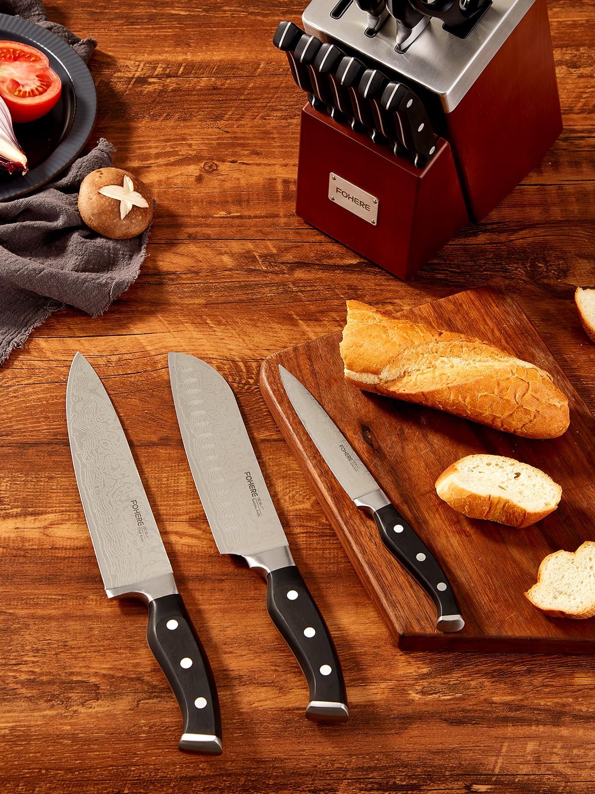 Couteau Cuisine, FOHERE 14 Pièces Bloc de Couteaux avec Affûteur Intégré, Set Couteau Cuisine en Acier Inoxydable, Bloc Brun Rougeâtre en Bois