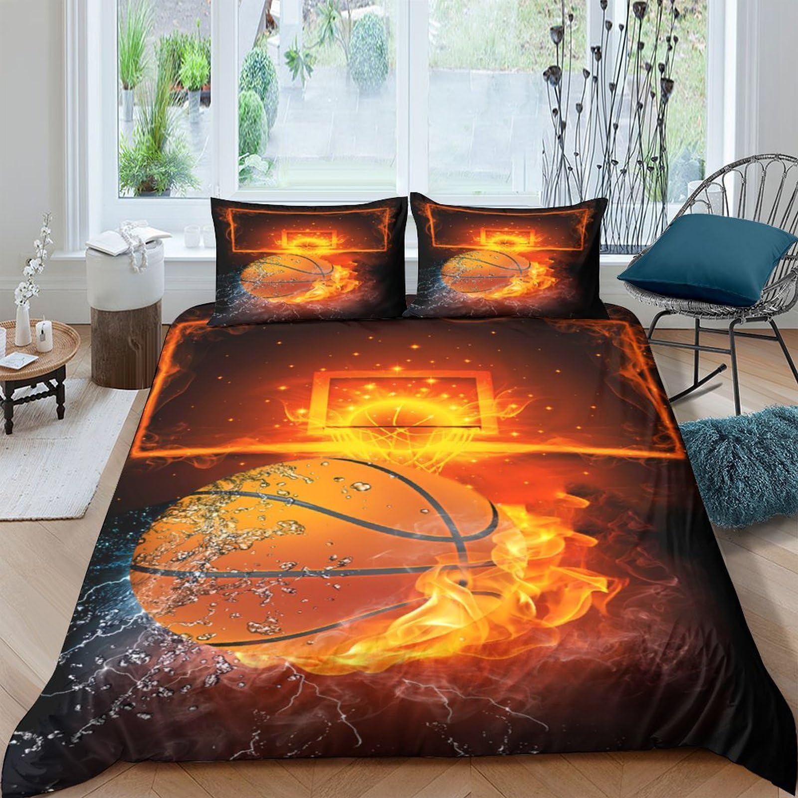 TUFRTGYHN 3D Printed Basketball Fire Duvet Cover Microfiber Soft Breathable Hoop Bedding Set with 2 Pillowcases for Bedroom Home Single（135x200cm）