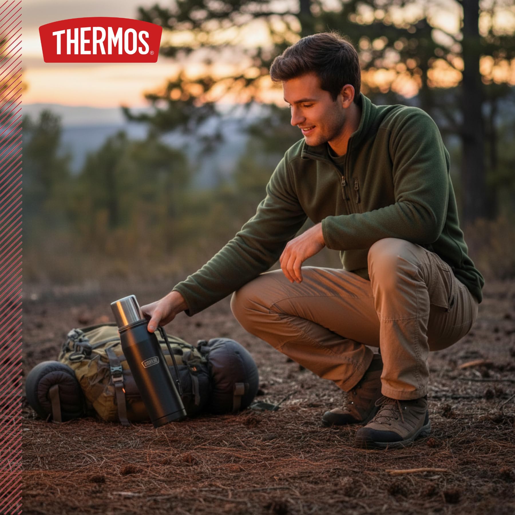 THERMOS - CORTINA - Botella isotérmica de acero inoxidable con mango y base antideslizante, tratamiento True-Coat, 1,3 l (Matte Gray)