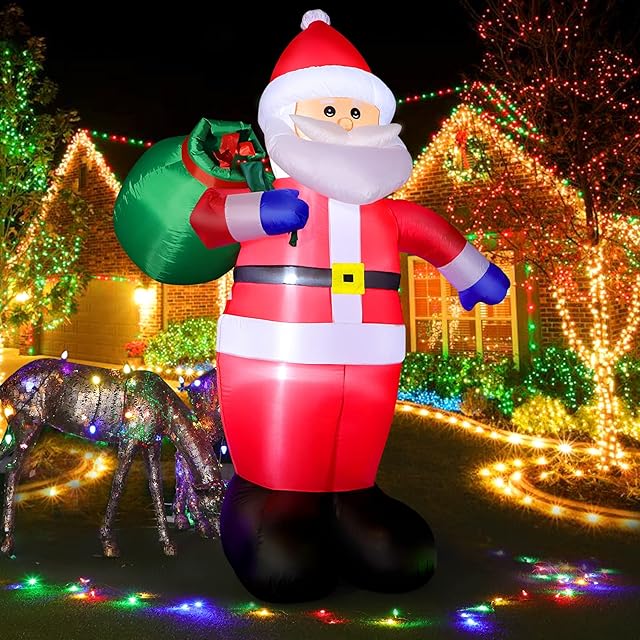 8FT Christmas Inflatable Santa Claus with LED Lights, Christmas Decoration Indoor Outdoor IP44 Weatherproof, Blow up Santa Giant Figure with Gift Bag, Holiday Party Decor for Garden Lawn Yard Patio