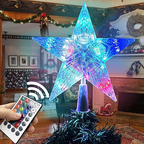 Decoración para árbol de Navidad de 8.6 pulgadas con luz LED con control remoto, 20 modos de luz, cambio de color, regulable, temporizador, enchufe