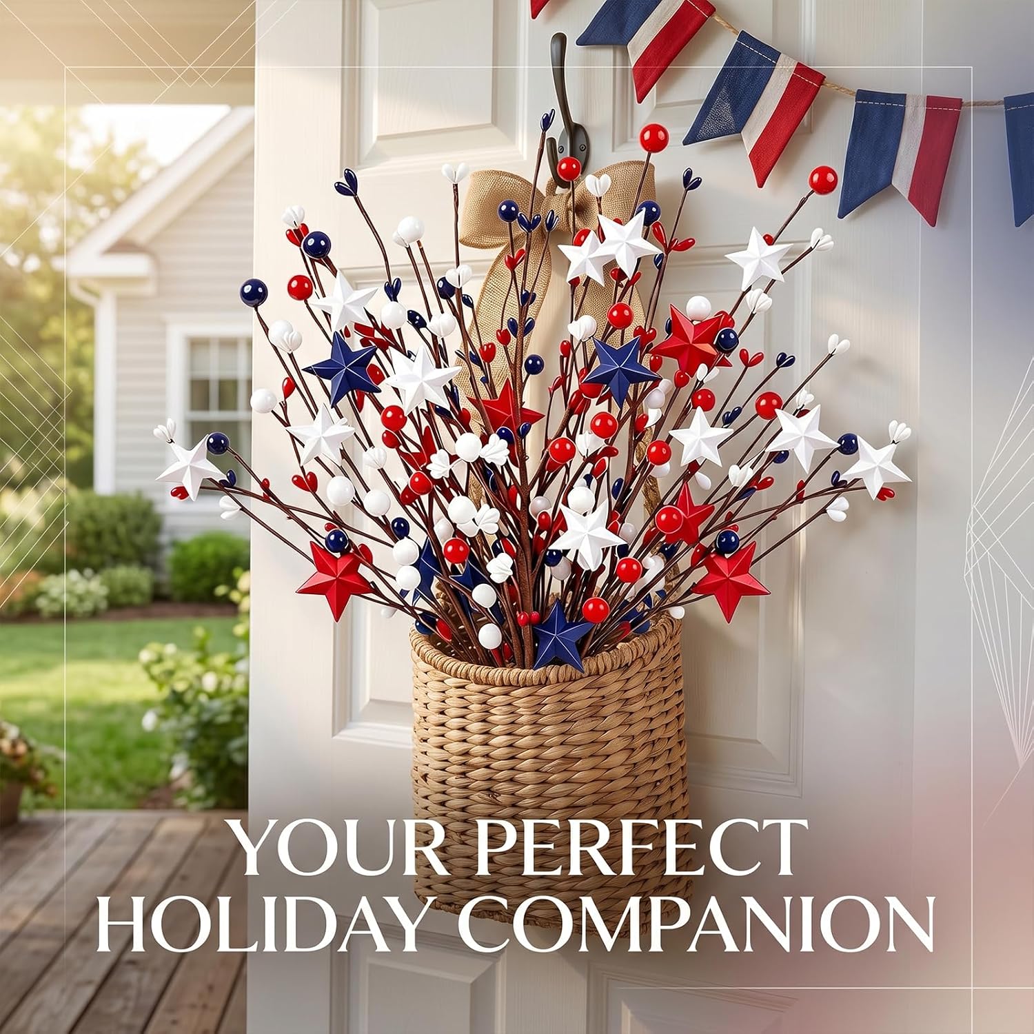 4th of July Decorations for Artificial Berry Stem Picks Red White and Blue Patriotic Stars Outdoor indoor Americana Home Office Flowers Vase Table Decor