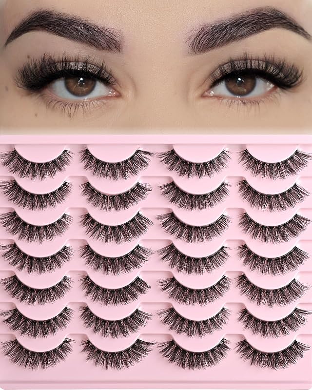 FARRED Cat Eye Lashes False Eyelashes Short Wispy Lash Strips Volume Eyelash 14 Pairs Cateye Medium Length False Clear Band Lashes Natural Looking Hybrid Clusters Full Strip Lashes (F25 | 8-14mm)