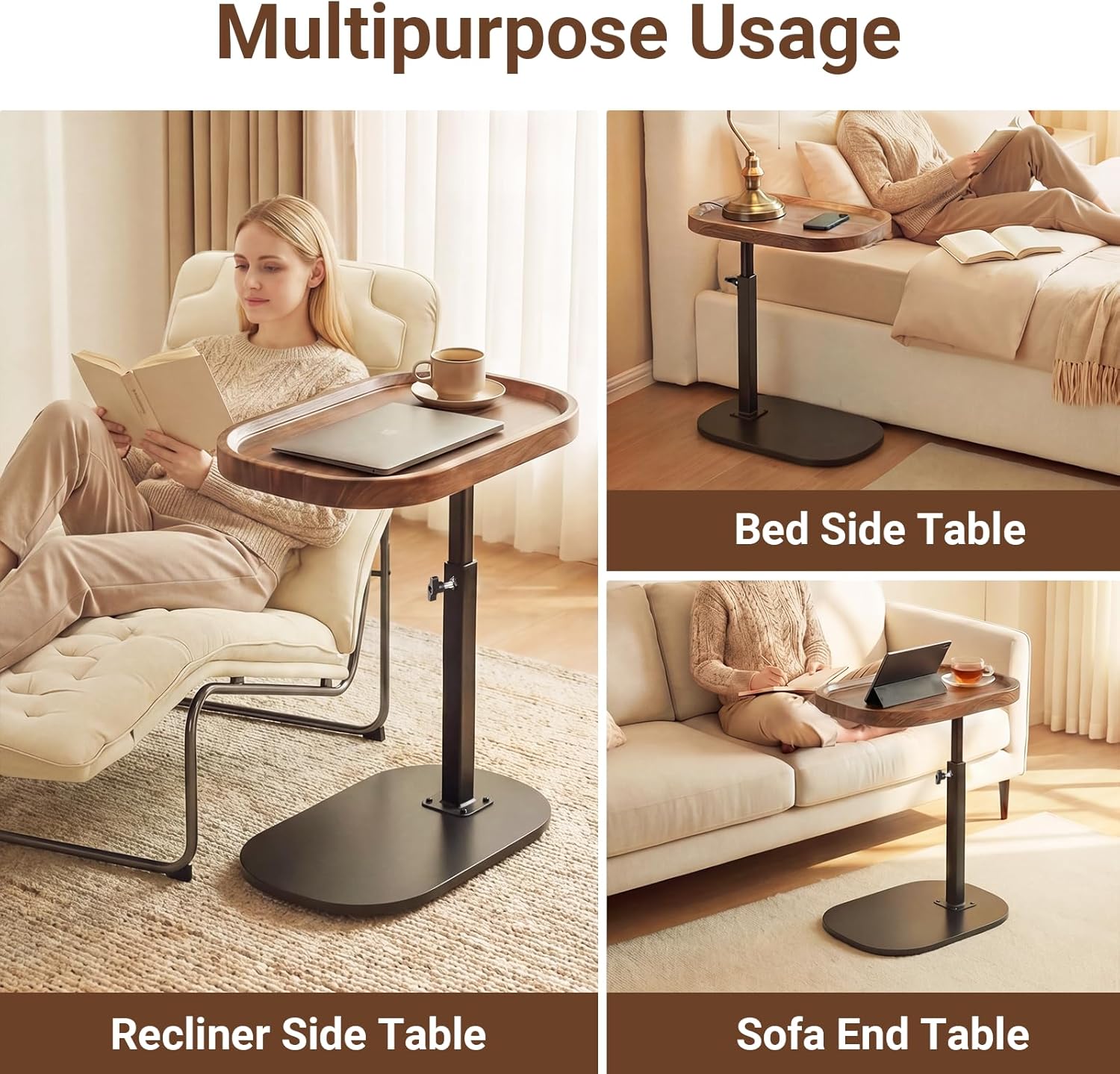 Adjustable Height TV Dinner Tray Table for Eating, 360°Swivel Small C Shaped End Side Table for Living Room, Bedroom,Hospital, Couch Armrest Table that Slide Under Sofa, Bed, Desk