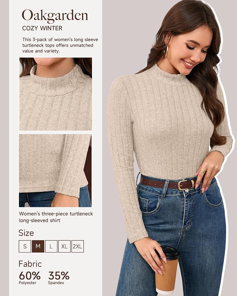 3 Pack Women's Mock Turtleneck Sweaters, Long Sleeve Ribbed Knit