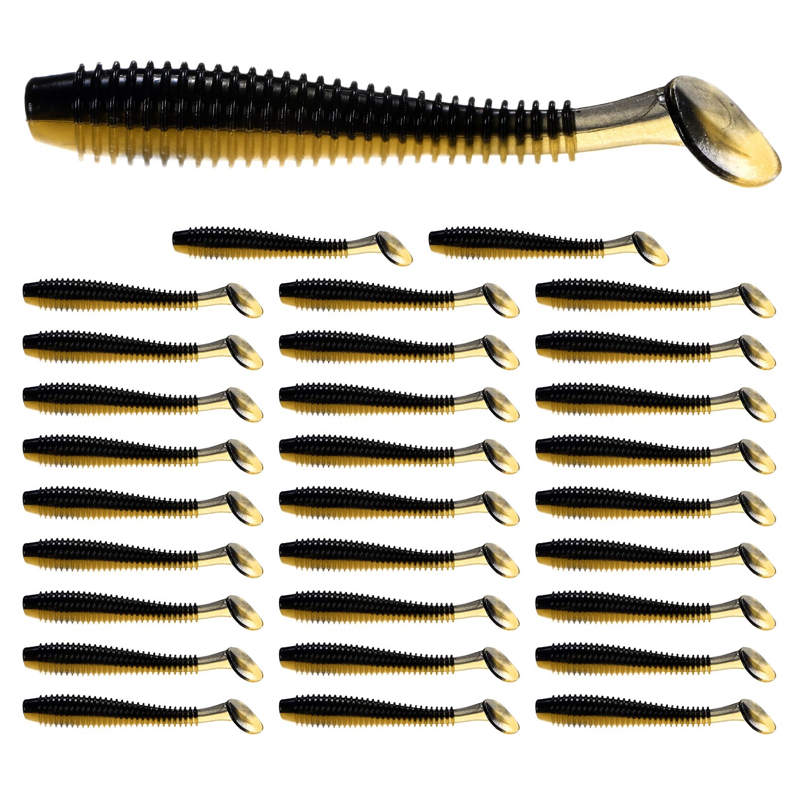 TIXIPEM 2.95" T-Tail Soft Fishing Lures [30-Pack] - Paddle Tail Swim Bait for Bass Trout in Saltwater & Freshwater - Rigged with 1/0 & 2/0 Hooks - Dark Gold & Durable ABS Plastic