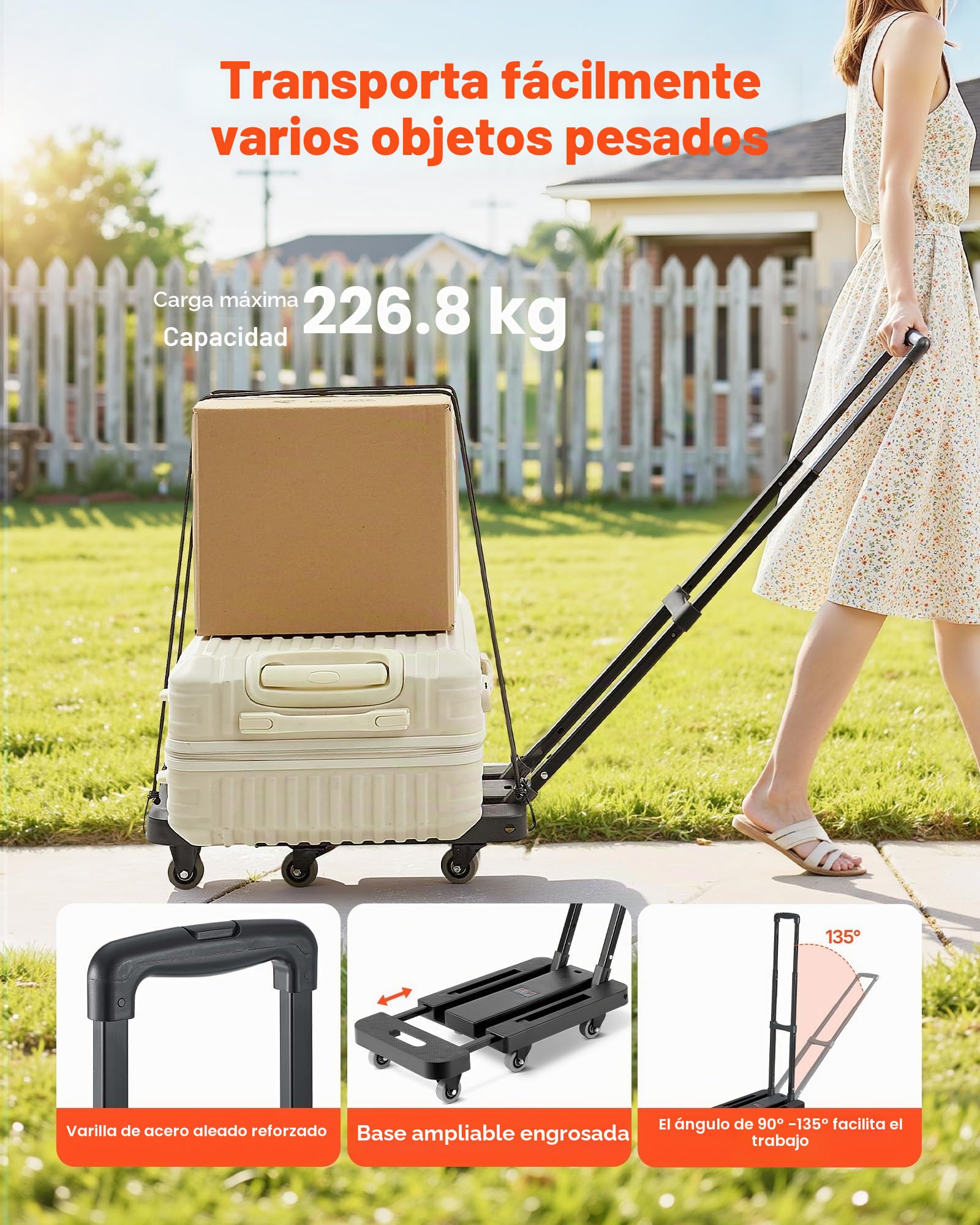 VEVOR Carretilla de Mano Plegable, Carrito de Equipaje Plegable con 6 Ruedas, 2 Cuerdas Elásticas y Base Expandible Carga de 226,8 kg para Equipaje de Viaje, Aeropuerto, Oficina, Mudanza, Negro